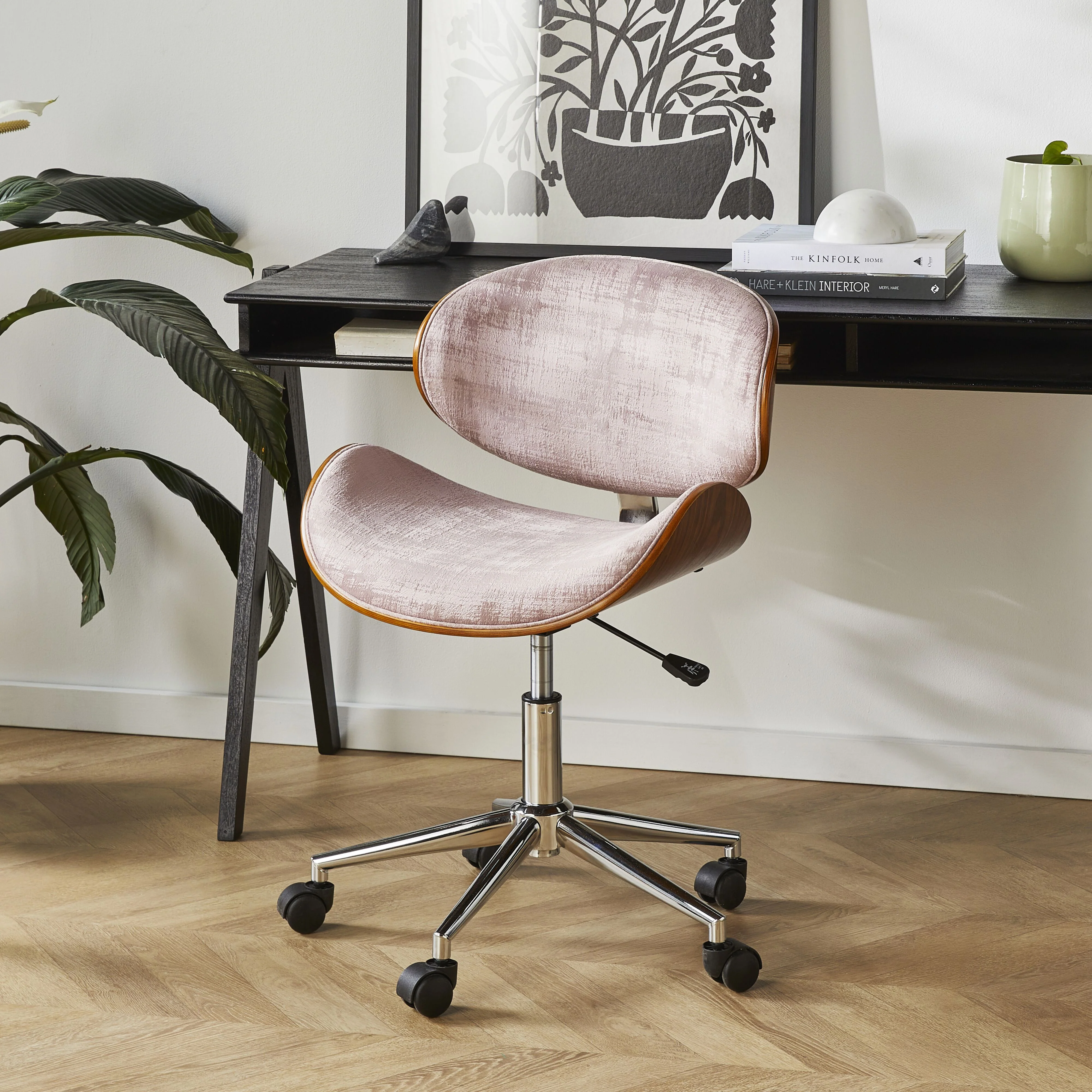 Jetson Desk Chair Timber Veneer Back Brushed Vintage Rose Velvet - Image 10