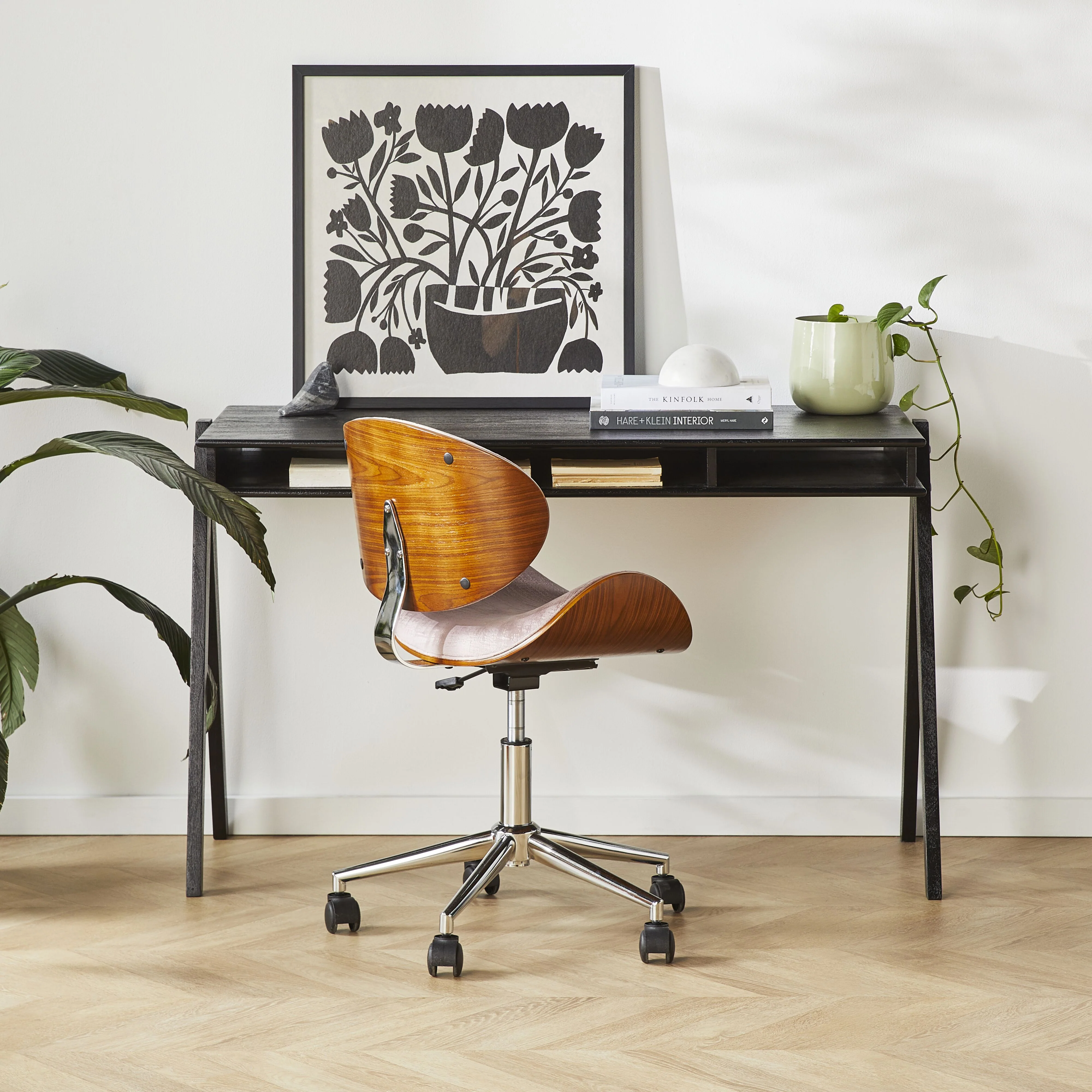 Jetson Desk Chair Timber Veneer Back Brushed Vintage Rose Velvet - Image 9