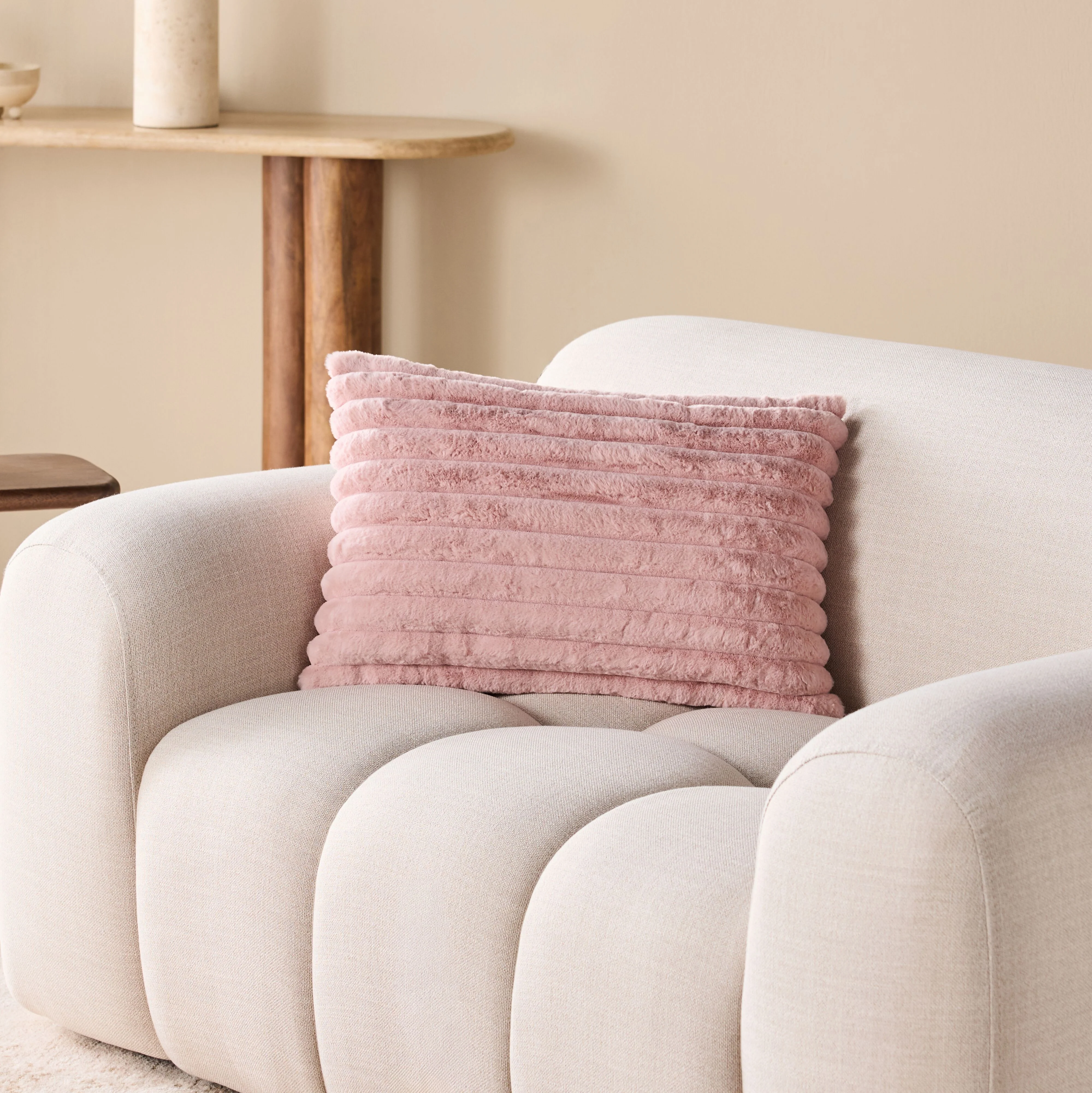 Luxe Rib Faux Fur Cushion Blush 55x35cm - Image 4