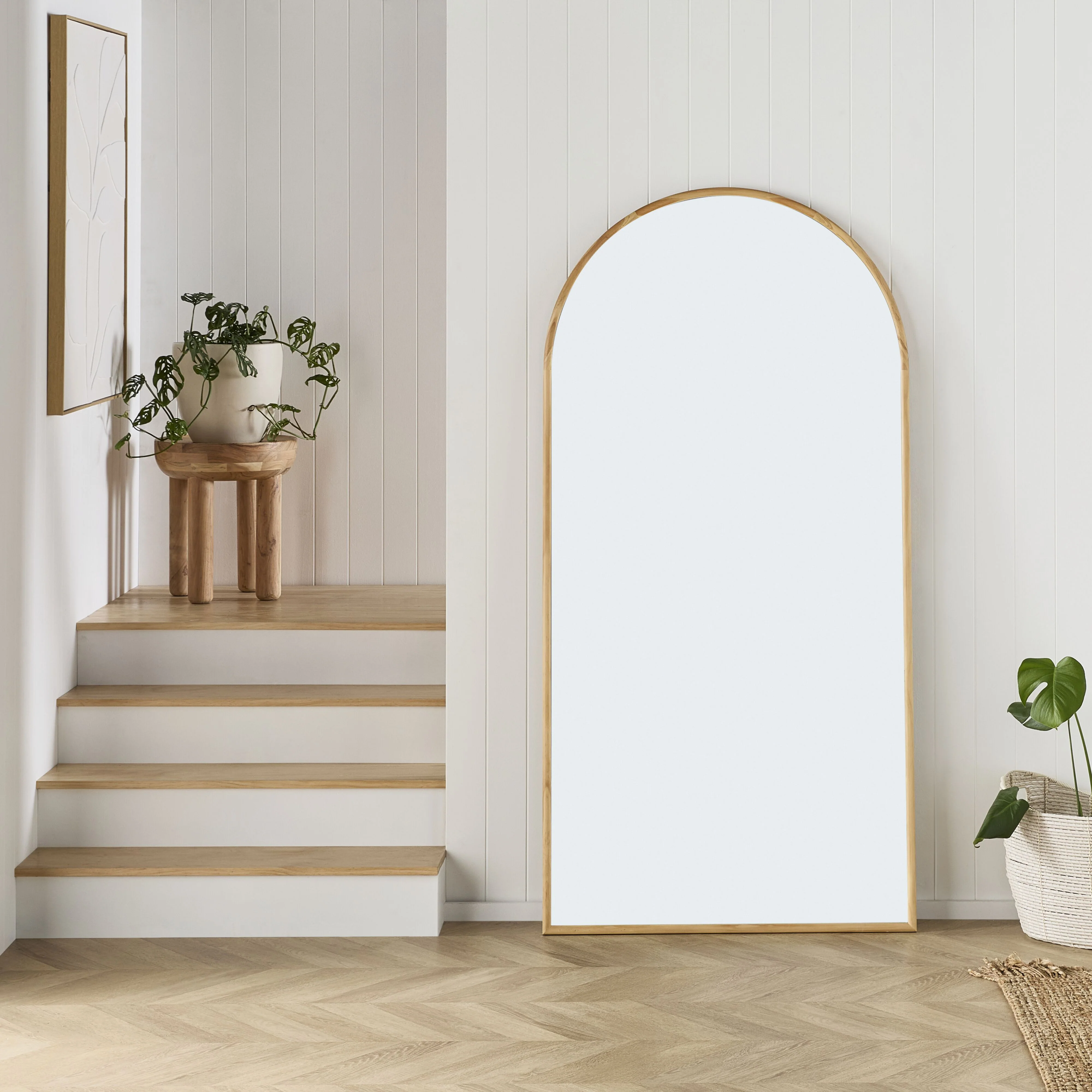 Natural Wooden Arched Floor Mirror 90x180cm - Image 5
