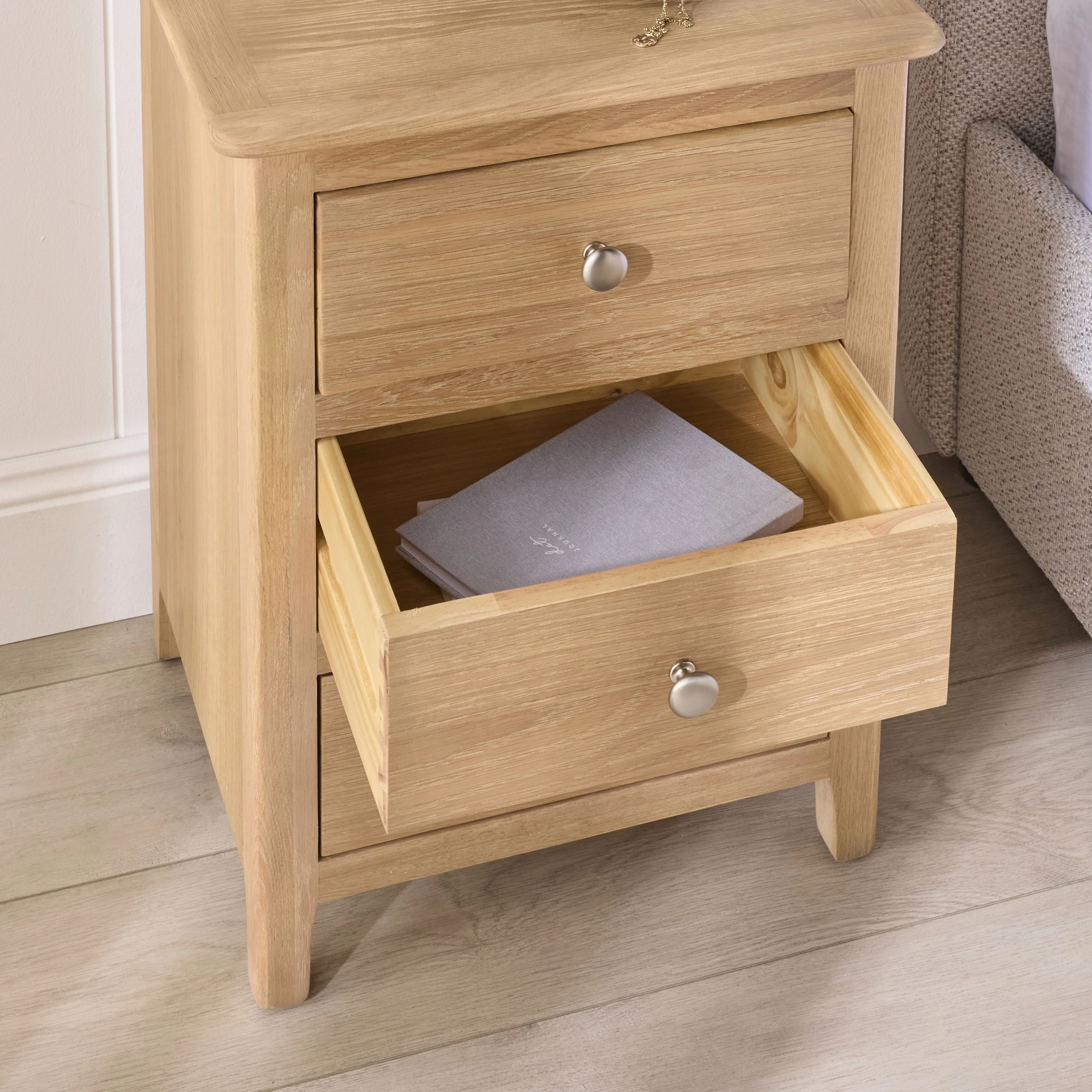 Oakridge 3 Drawer Bedside Light Oak - Image 12