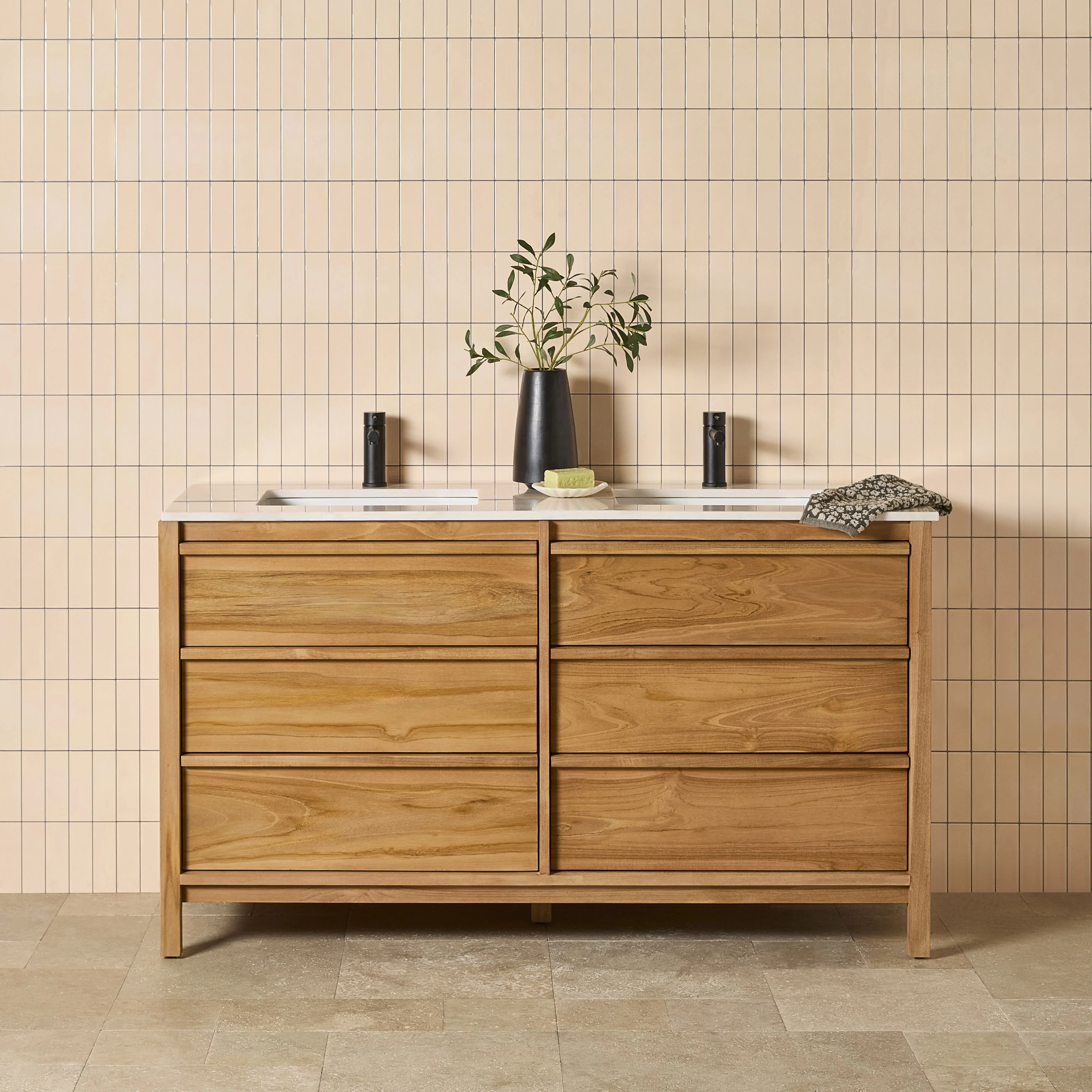 Oliver Double Bathroom Vanity Teak with Stone Top 1510mm Package - Image 8