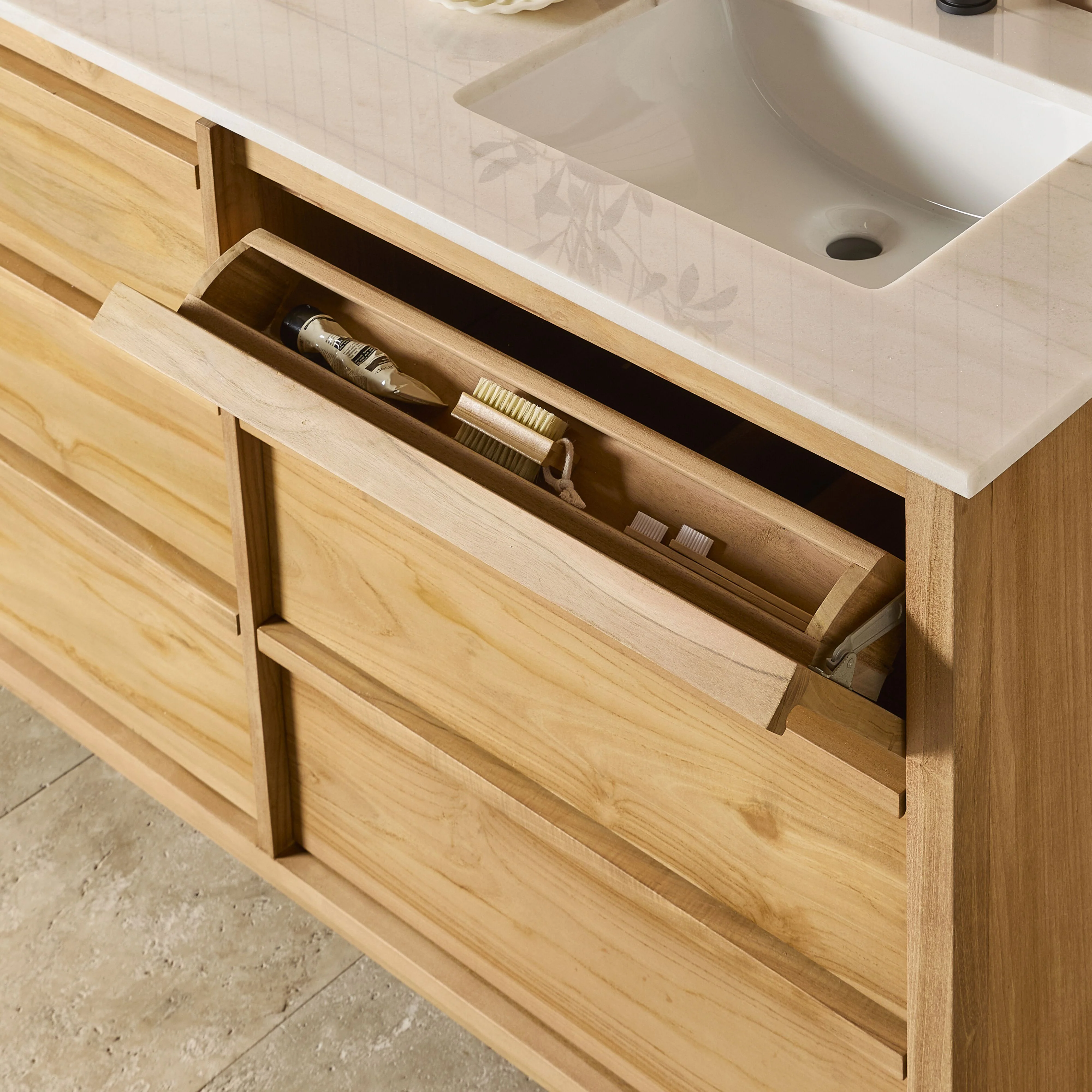 Oliver Double Bathroom Vanity Teak with Stone Top 1510mm Package - Image 9