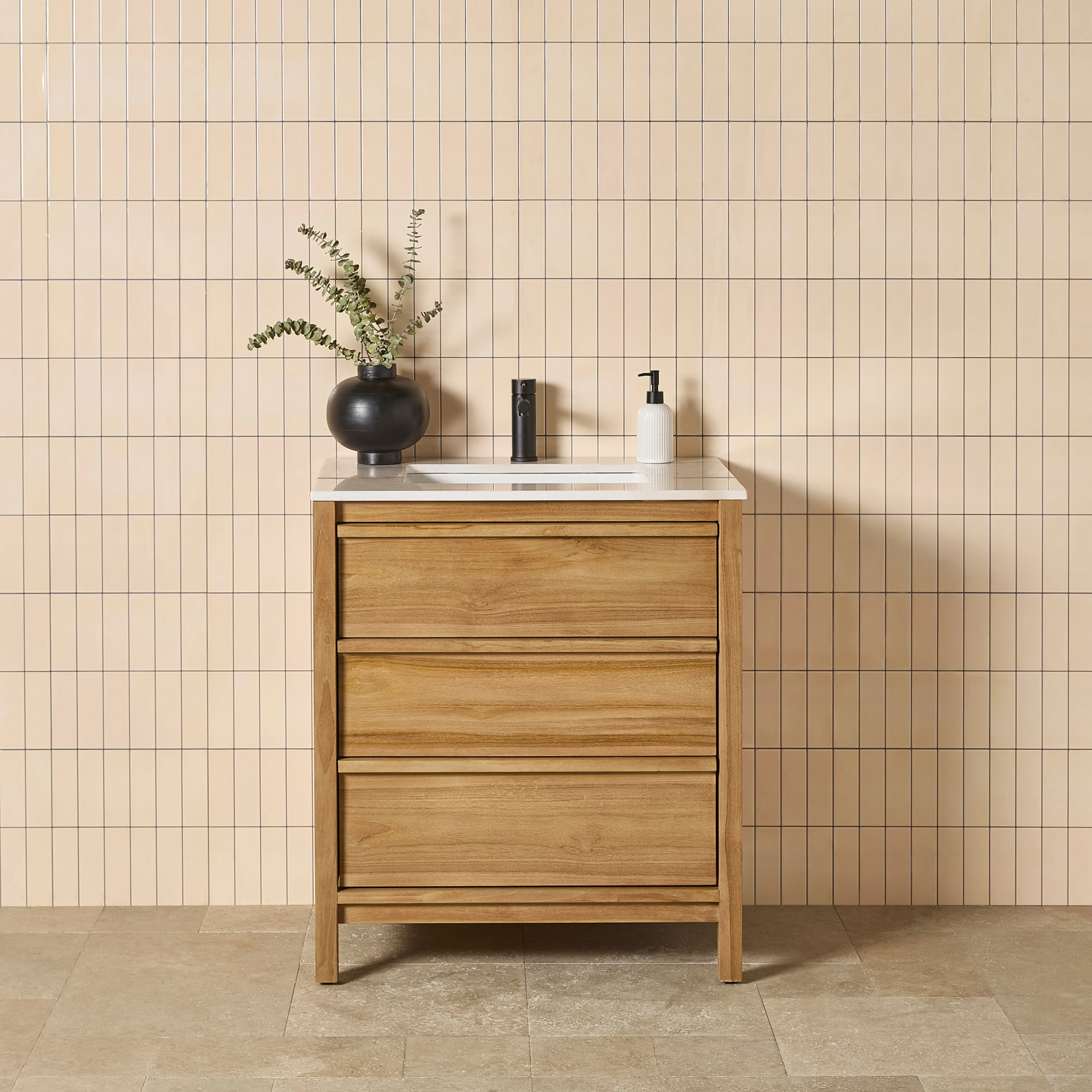 Oliver Single Bathroom Vanity Teak with Stone Top 760mm Package - Image 8