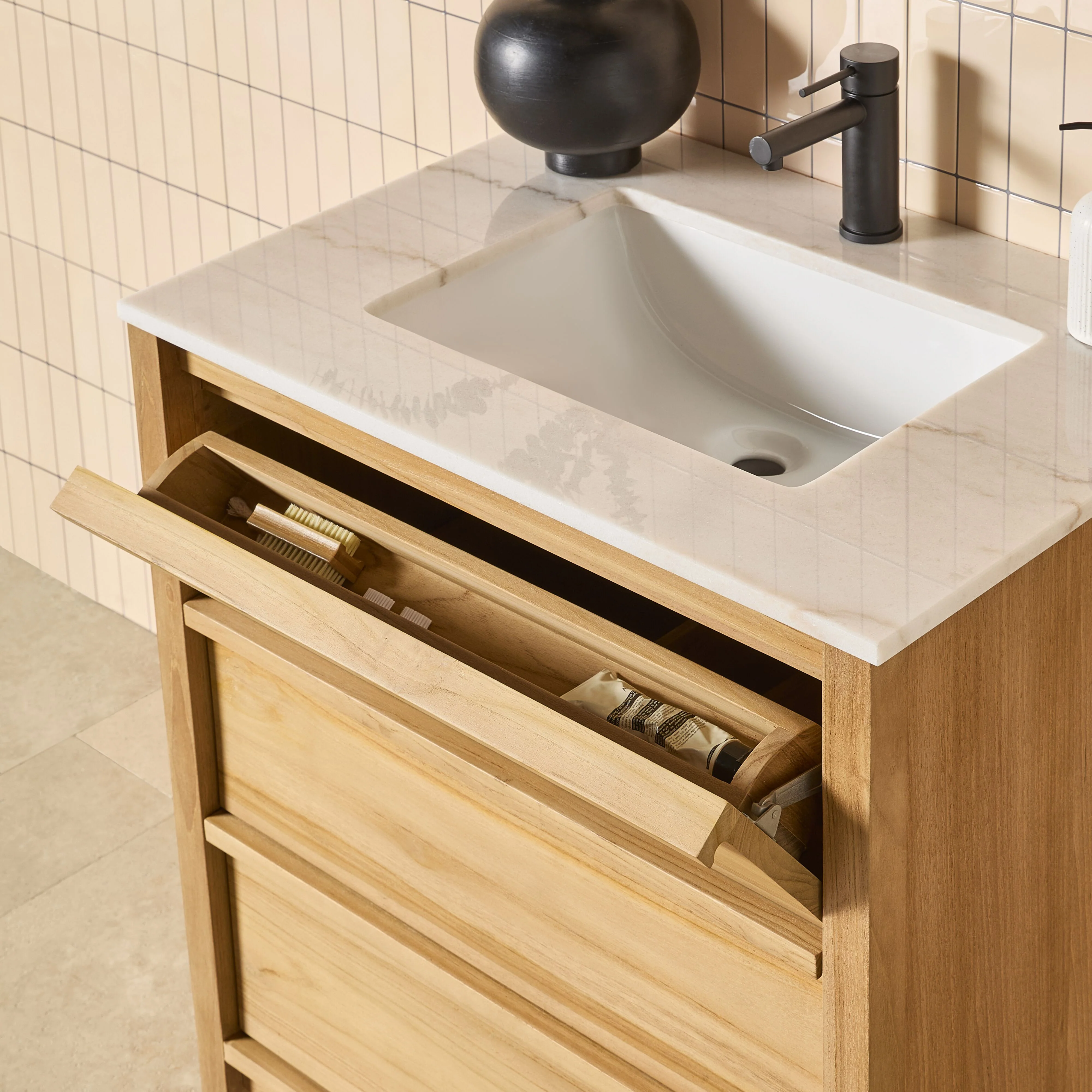 Oliver Single Bathroom Vanity Teak with Stone Top 760mm Package - Image 9