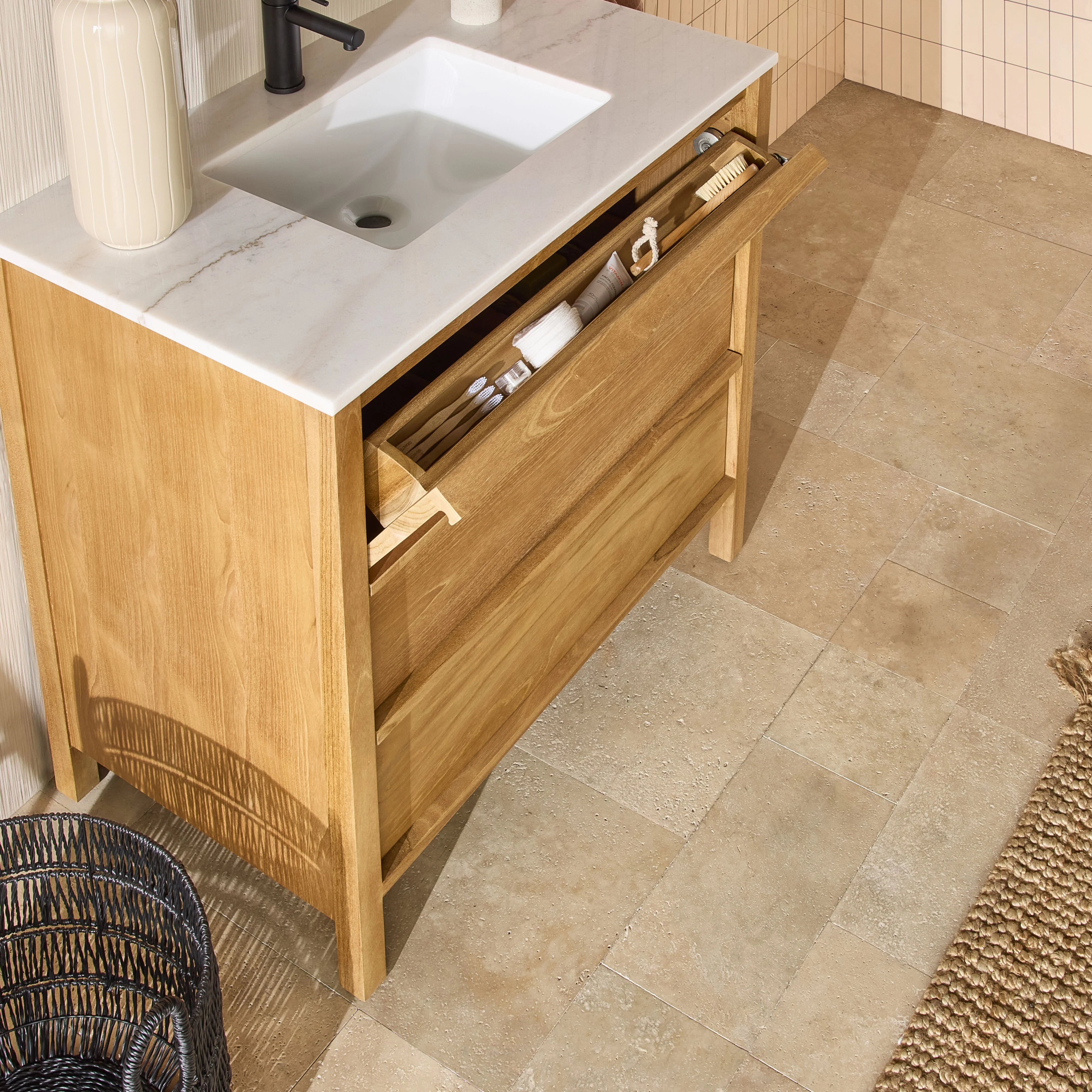 Oliver Single Bathroom Vanity Teak with Stone Top 910mm Package - Image 12
