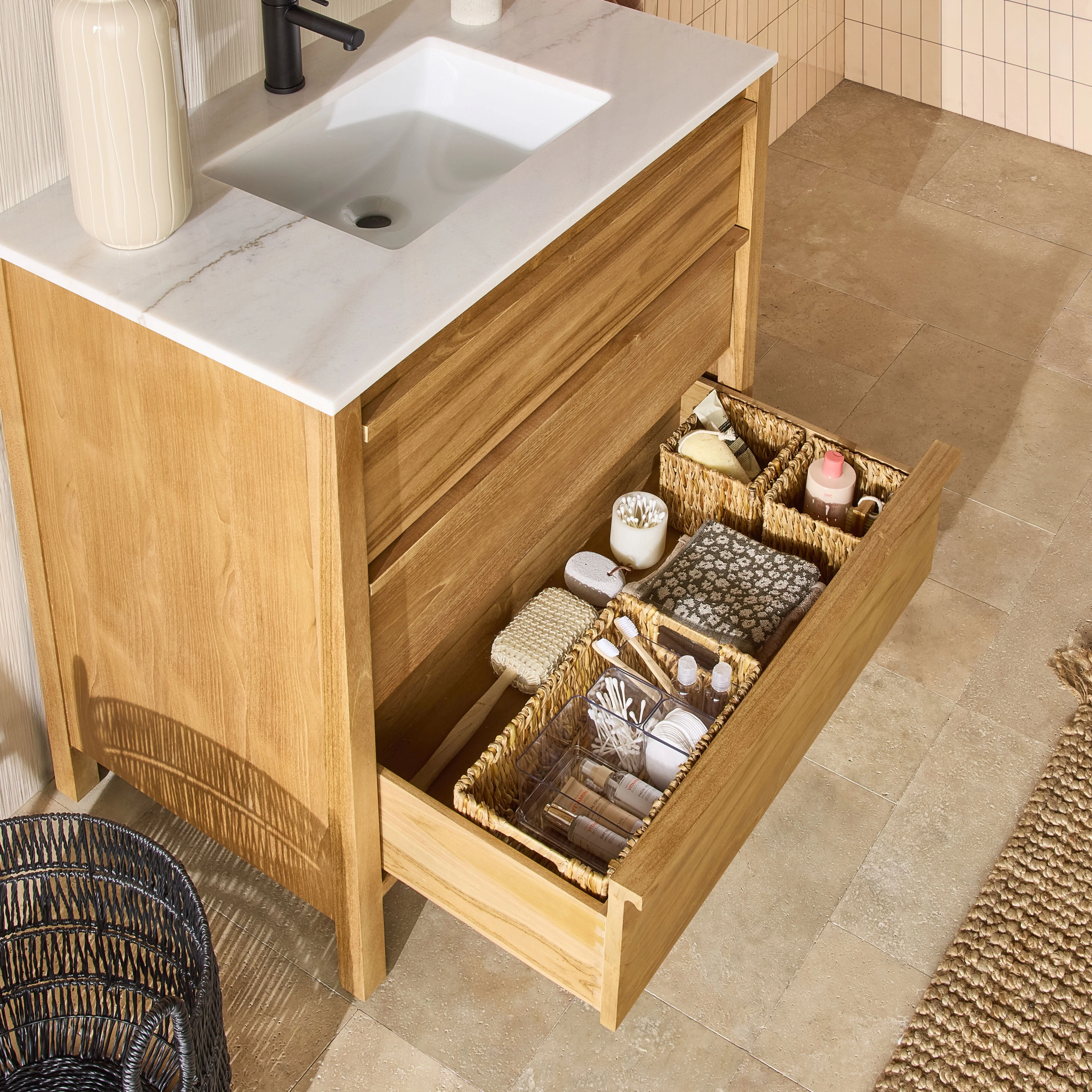 Oliver Single Bathroom Vanity Teak with Stone Top 910mm Package - Image 13
