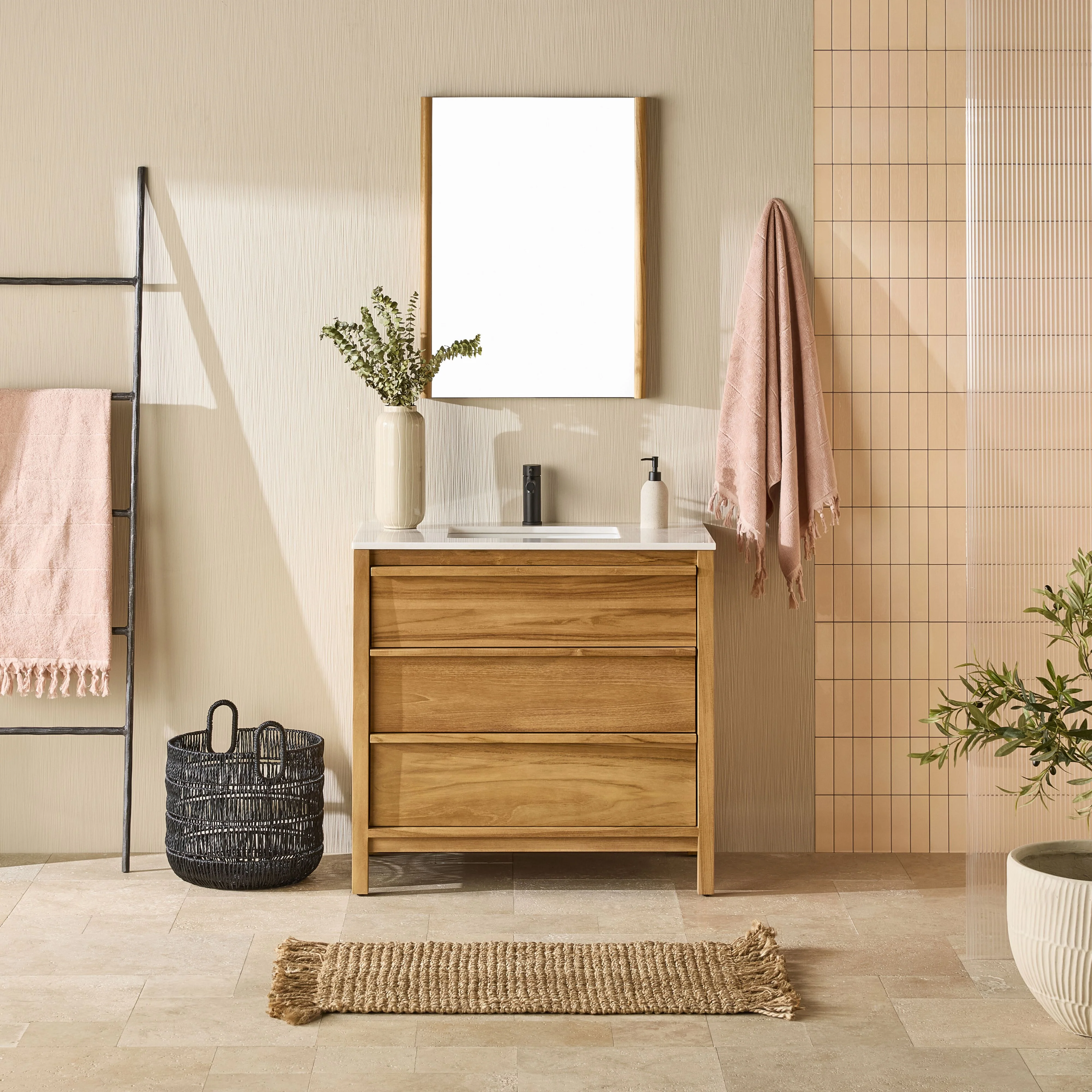 Oliver Single Bathroom Vanity Teak with Stone Top 910mm Package - Image 8