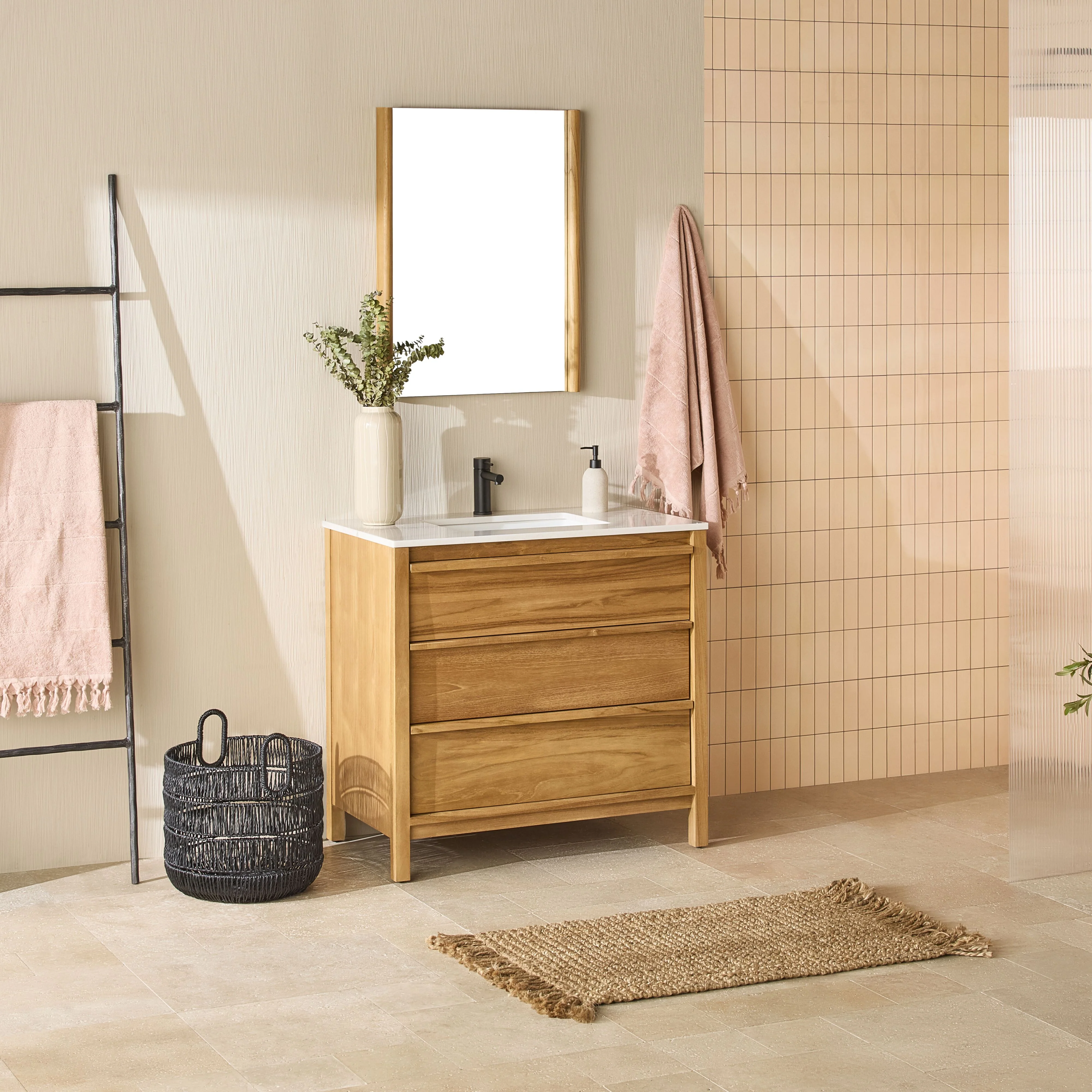 Oliver Single Bathroom Vanity Teak with Stone Top 910mm Package - Image 9