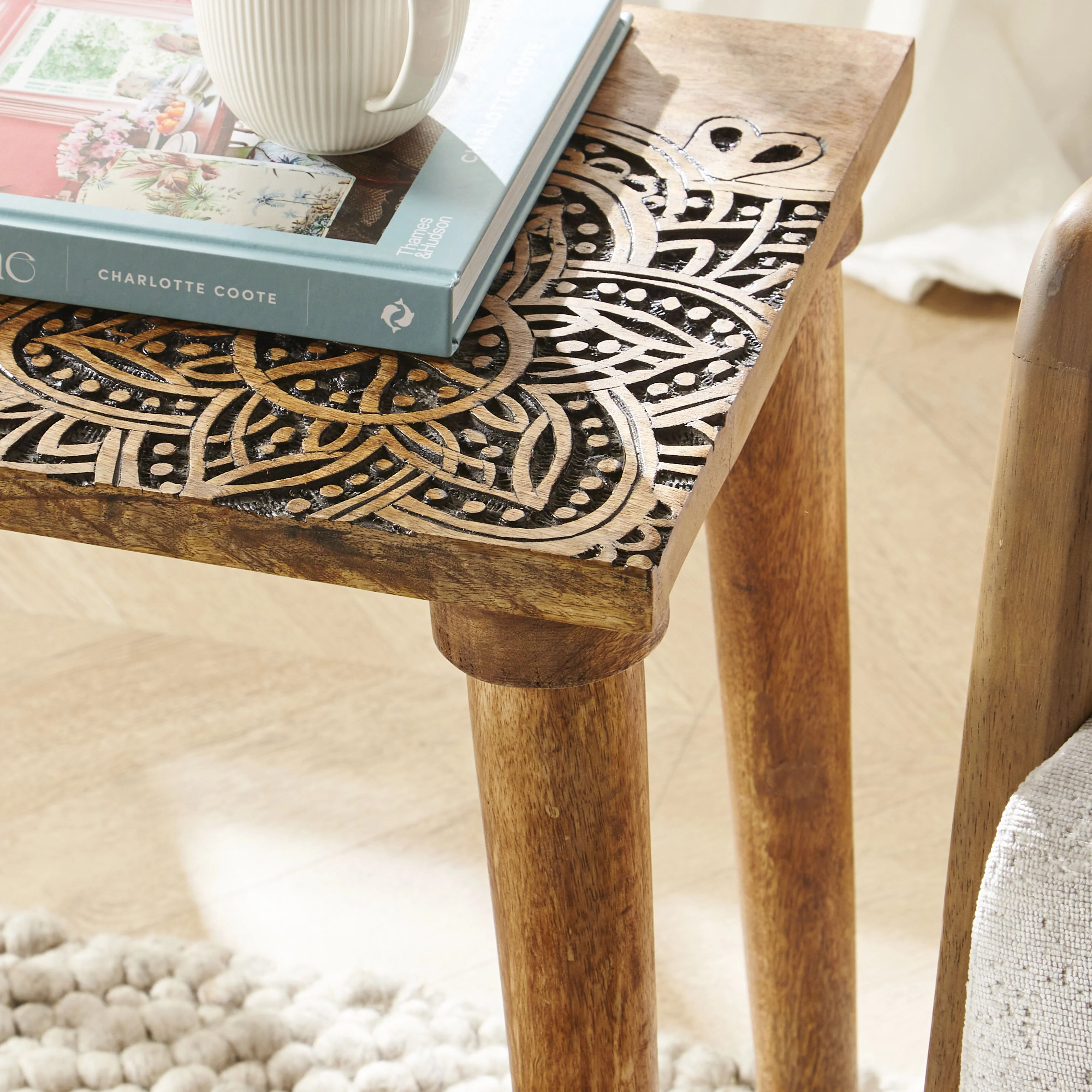 Parvani Carved Top Mango Wood Table 41x38x33cm - Image 7