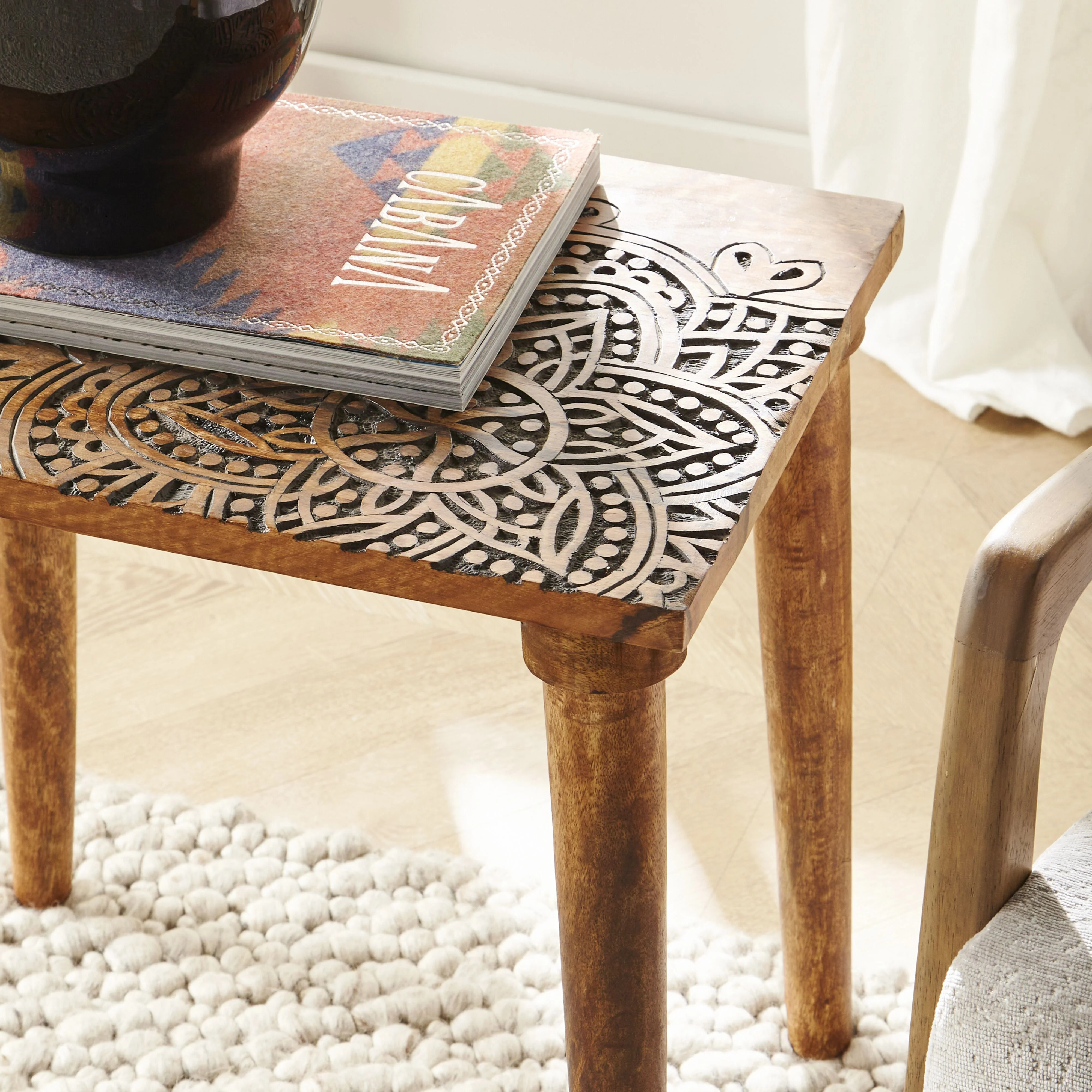 Parvani Carved Top Mango Wood Table 51x48x38cm - Image 7