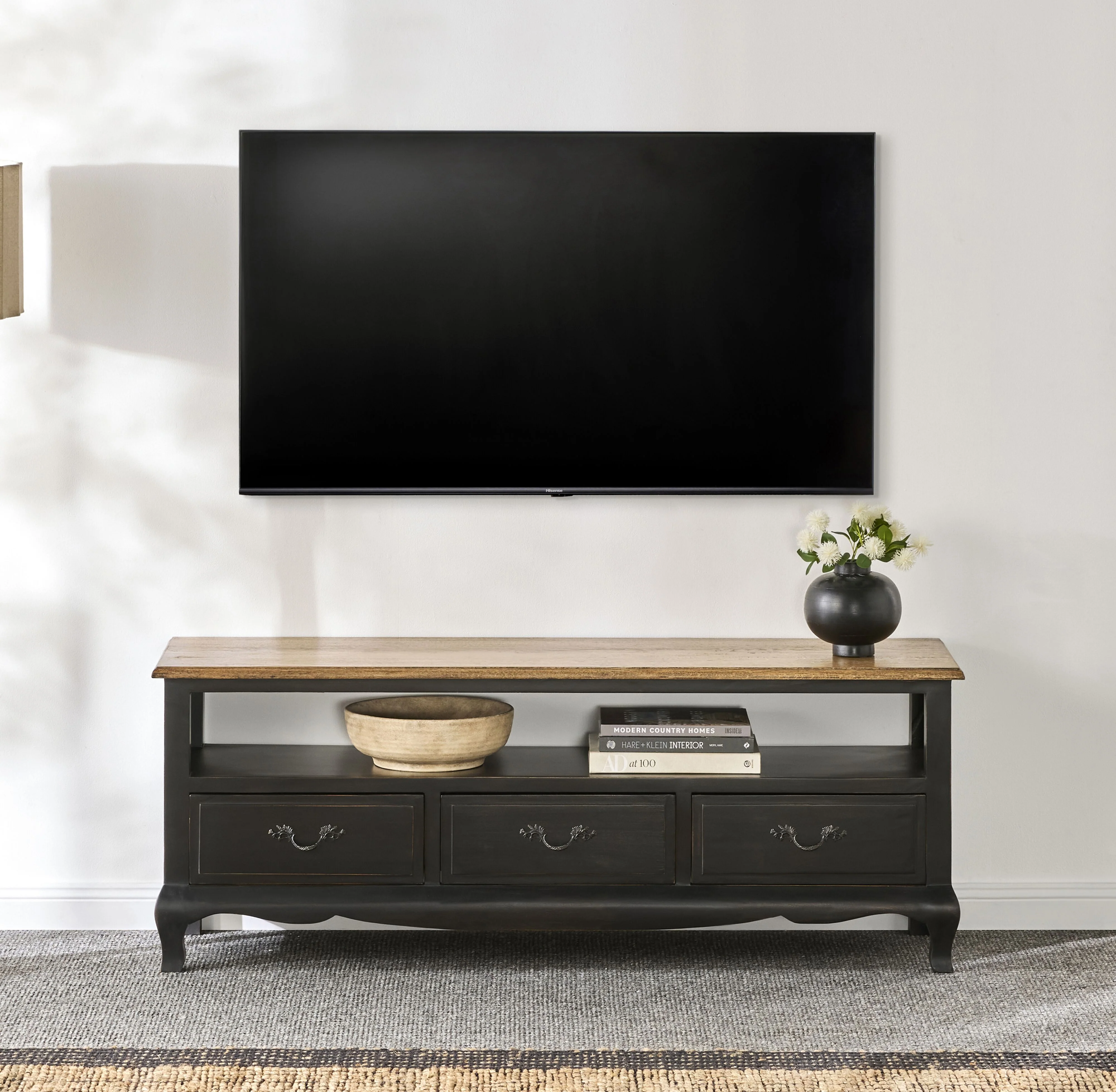 Provincial Oak 3 Drawer TV Unit Distressed Black - Image 3