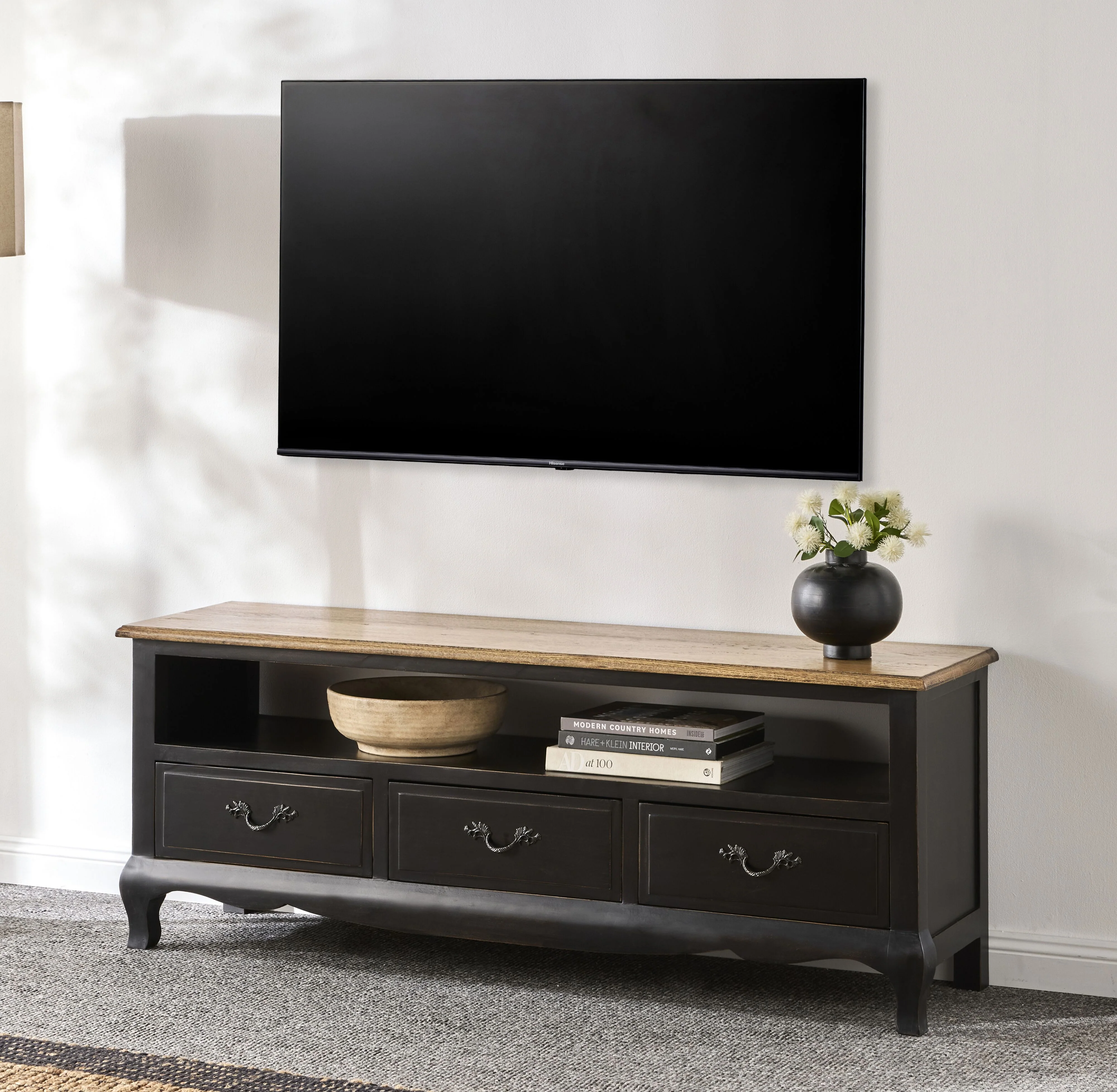 Provincial Oak 3 Drawer TV Unit Distressed Black - Image 4