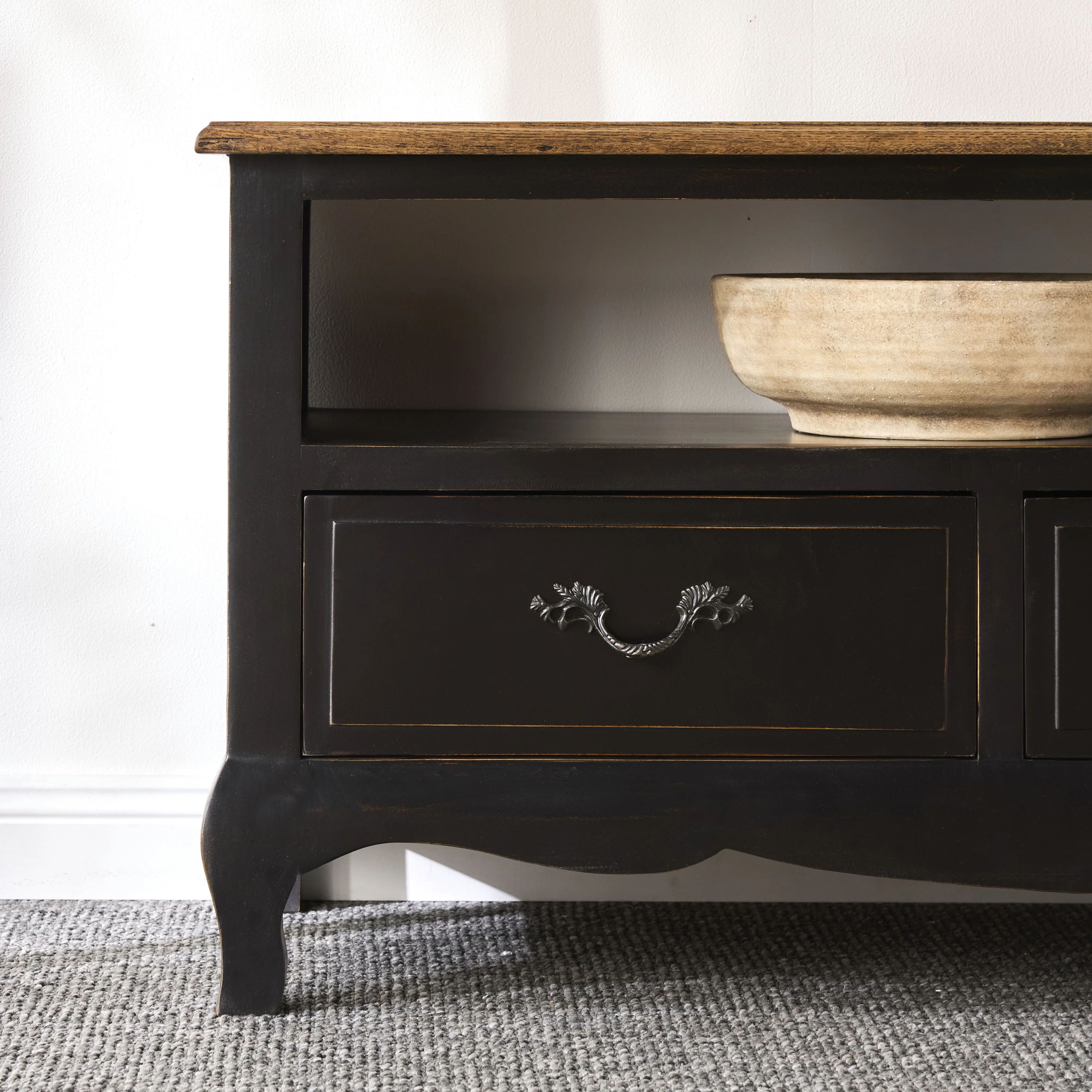 Provincial Oak 3 Drawer TV Unit Distressed Black - Image 5