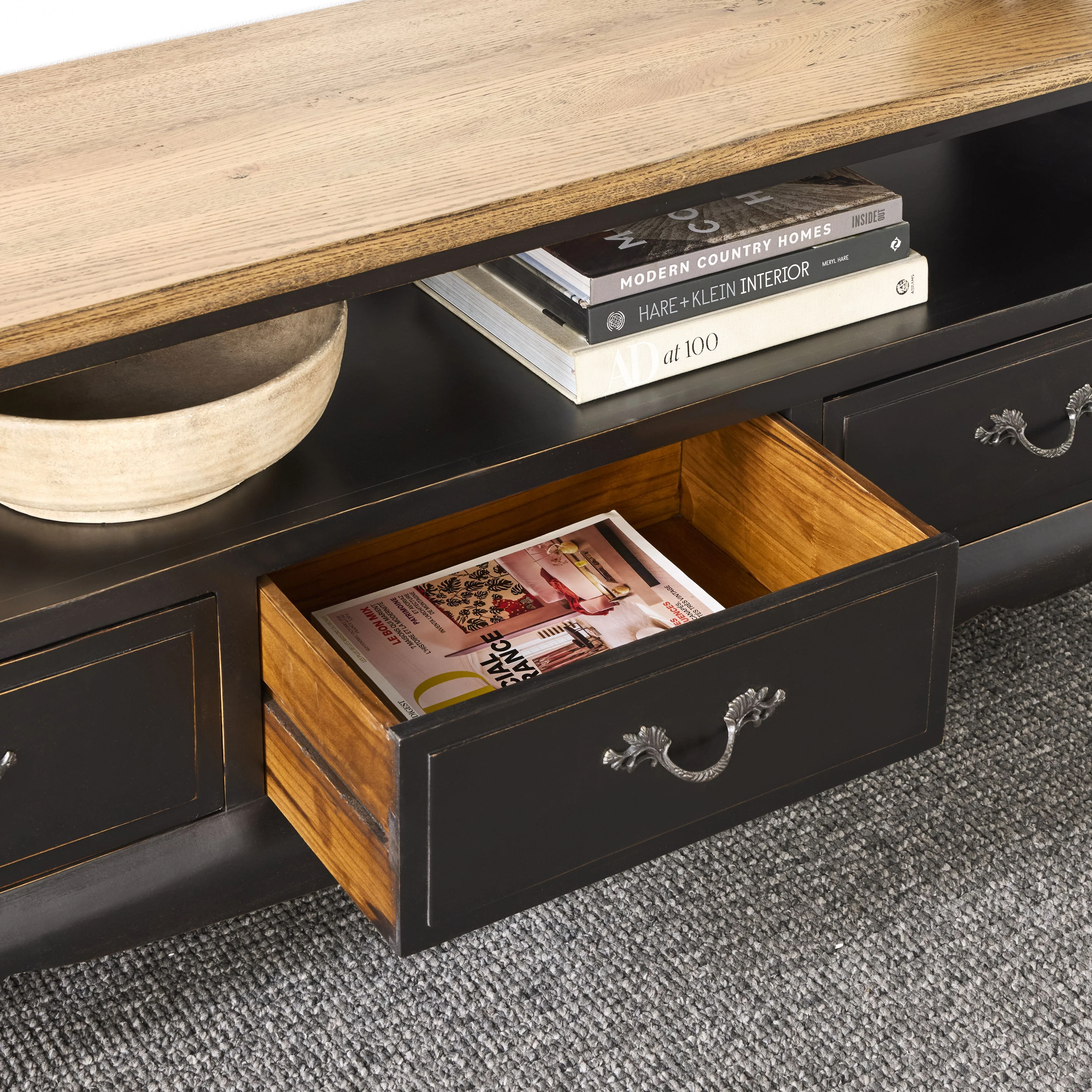 Provincial Oak 3 Drawer TV Unit Distressed Black - Image 6