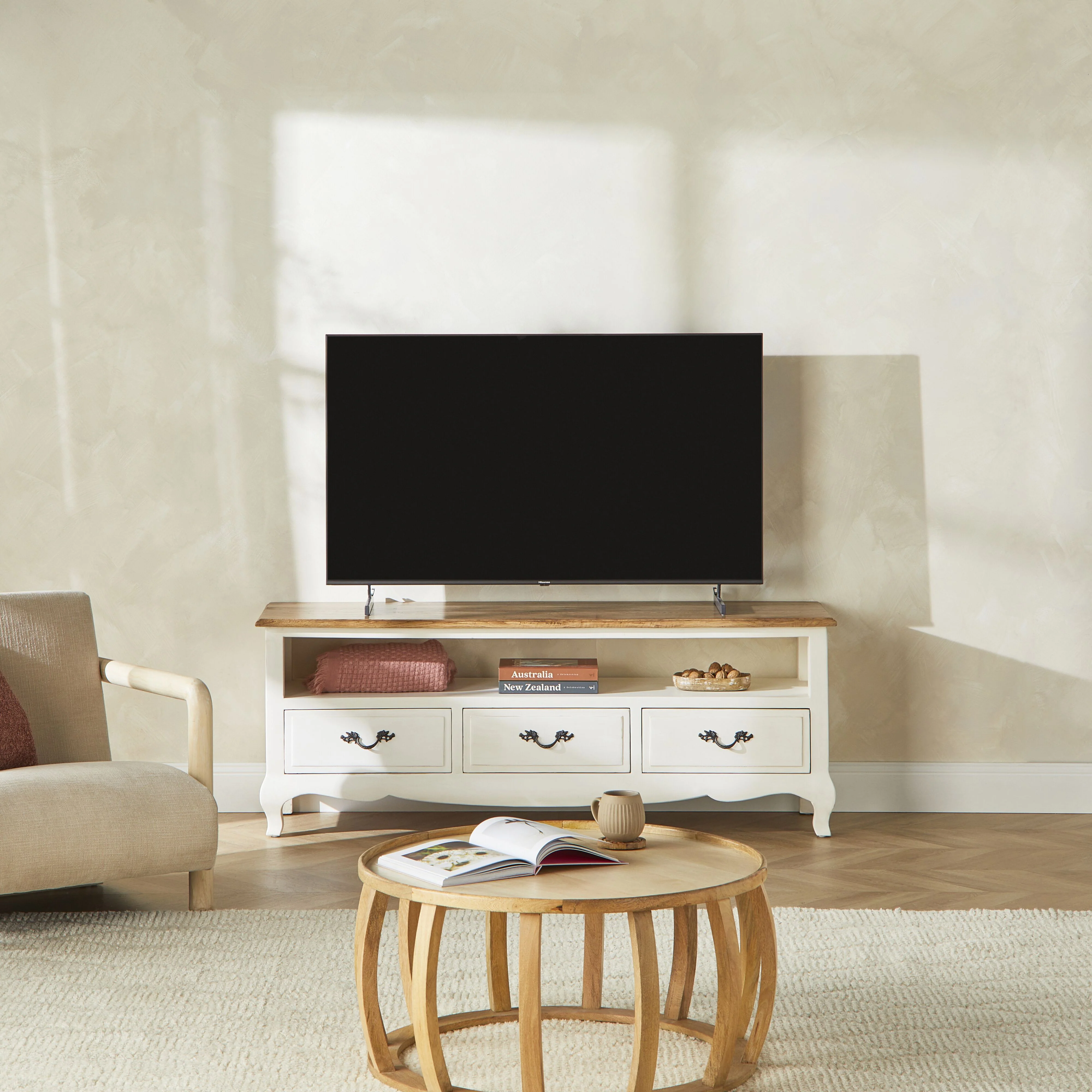 Provincial Oak 3 Drawer TV Unit Distressed White - Image 3
