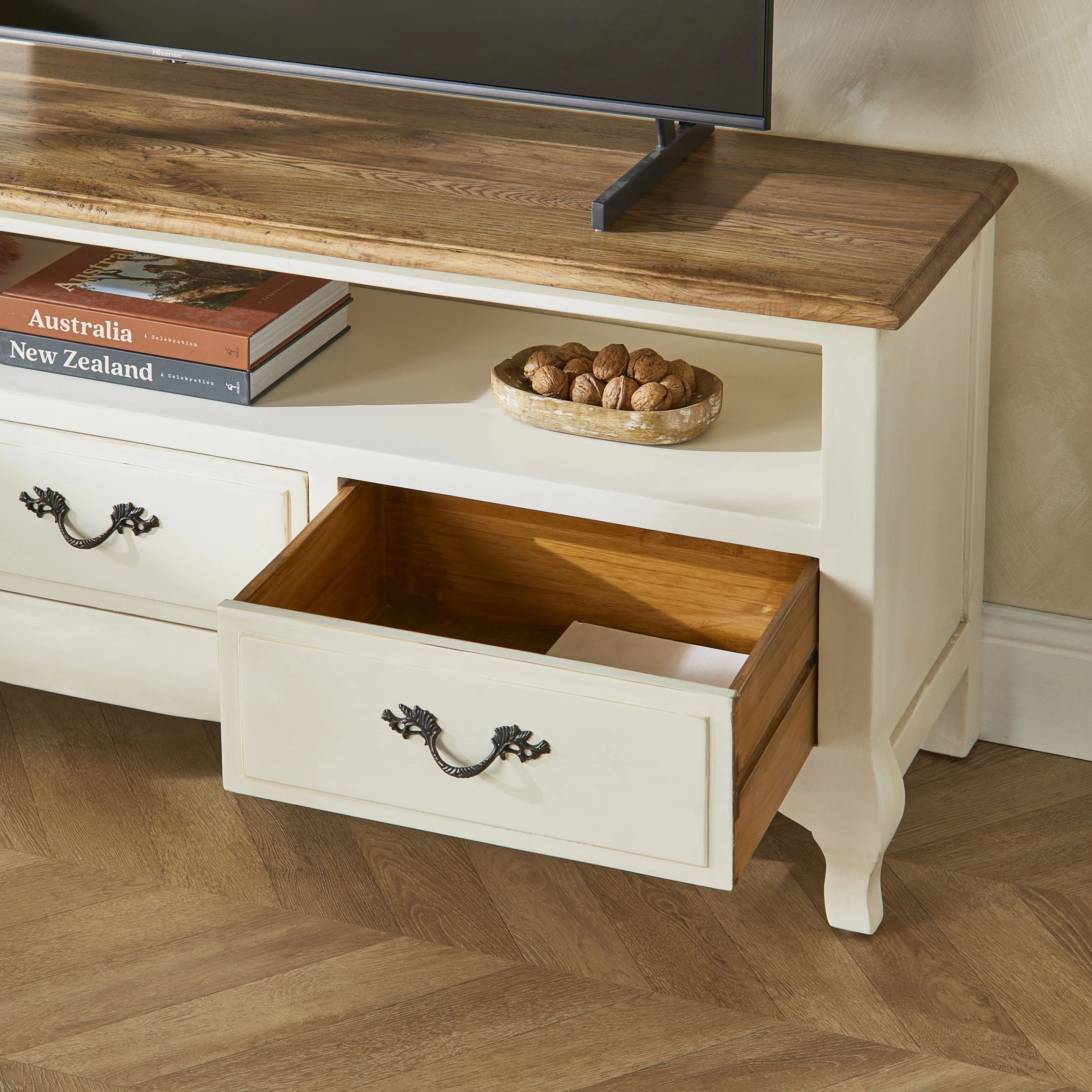 Provincial Oak 3 Drawer TV Unit Distressed White - Image 6