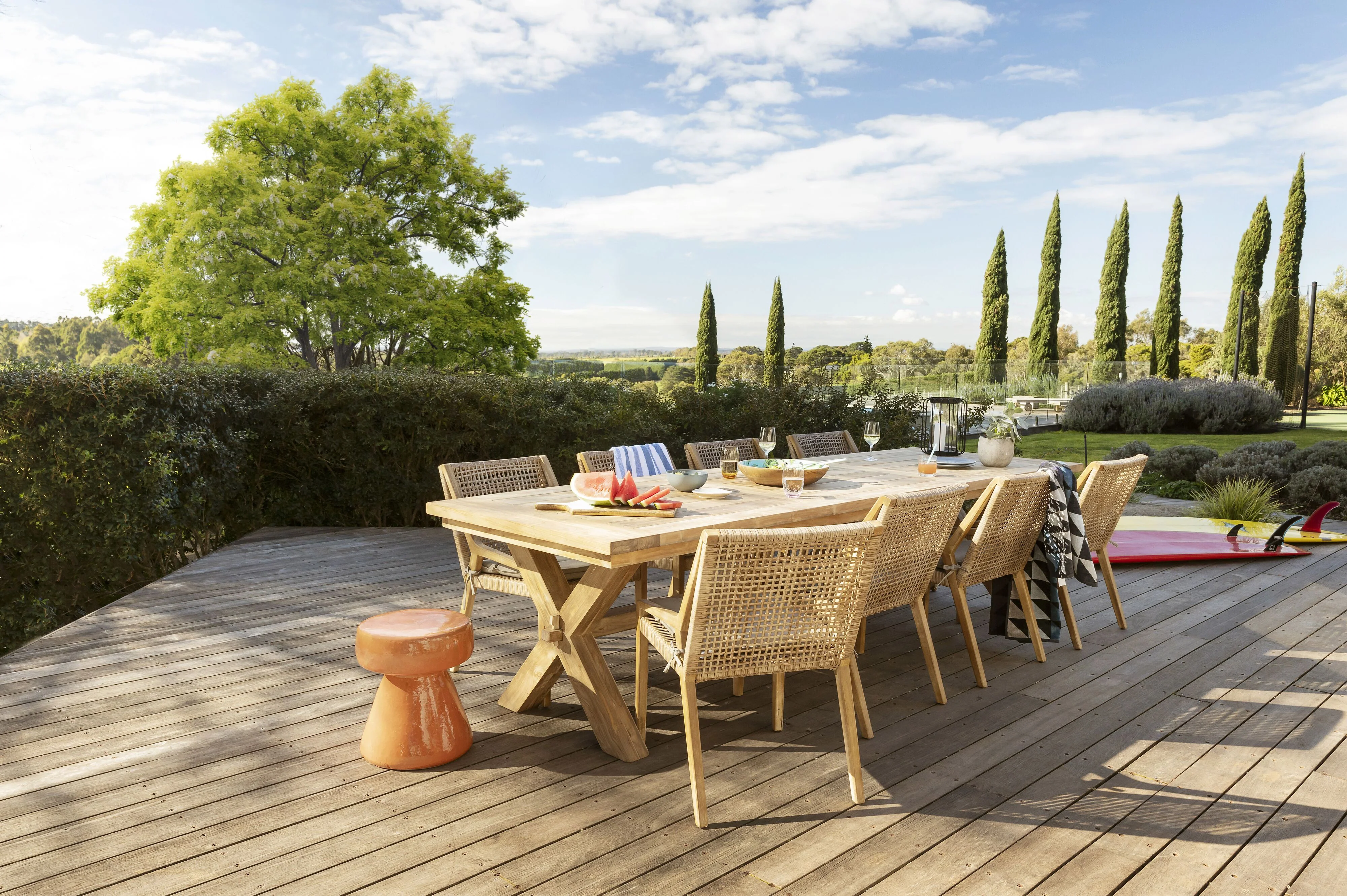 Reclaimed Teak Cross Leg Dining Table 400cm with 8 Weave Dining Chair Package - Image 4