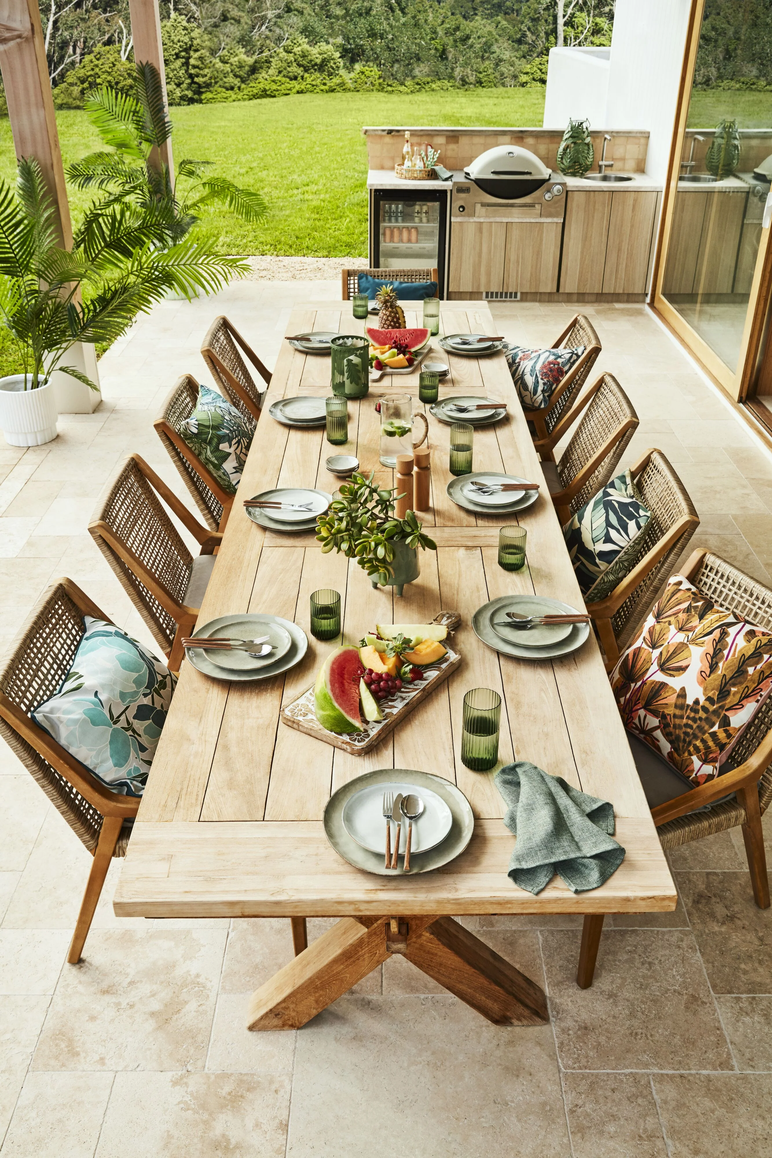 Reclaimed Teak Cross Leg Dining Table 400cm with 8 Weave Dining Chair Package - Image 5
