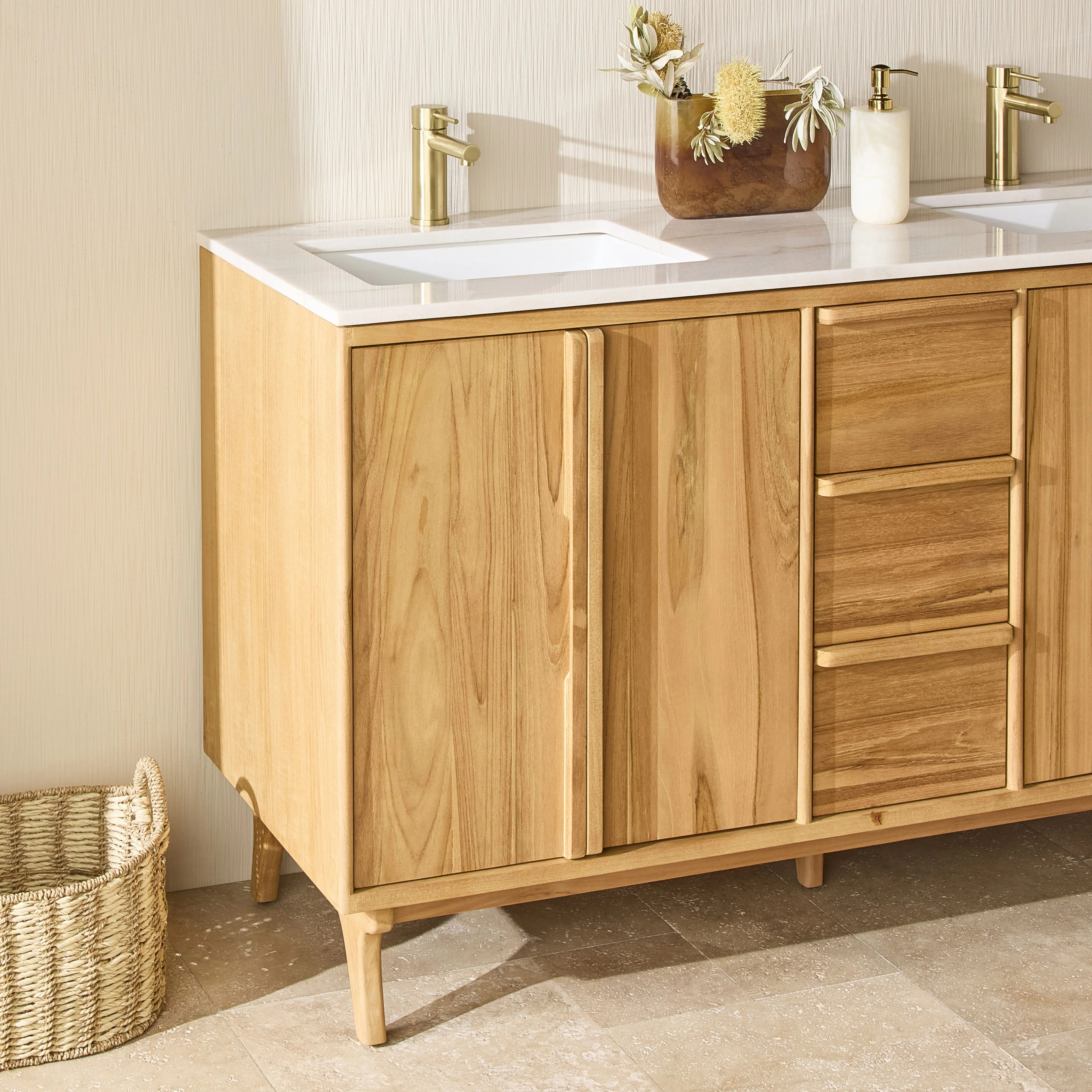 Remi Double Bathroom Vanity Teak with Stone Top 1510mm Package - Image 10