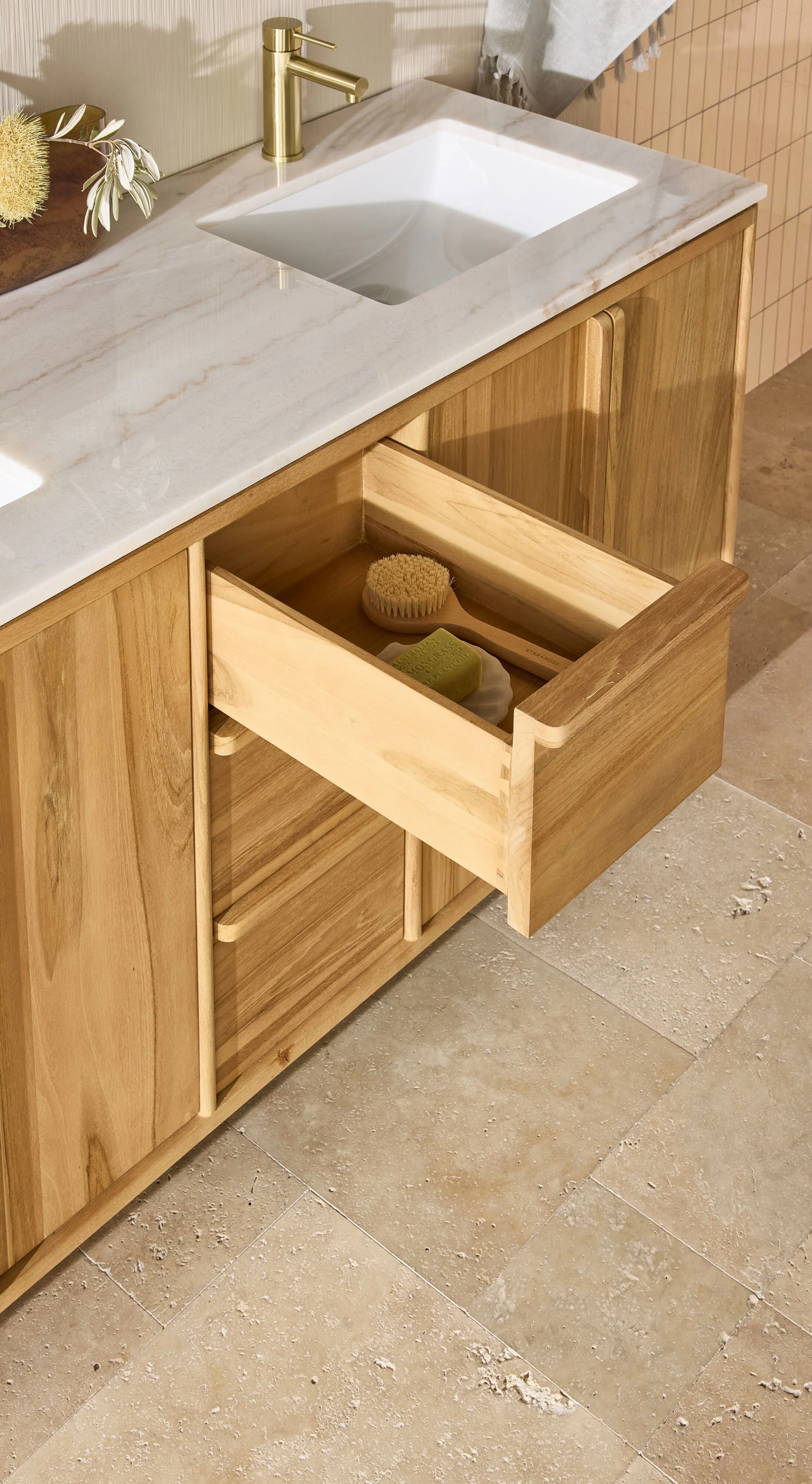 Remi Double Bathroom Vanity Teak with Stone Top 1510mm Package - Image 13