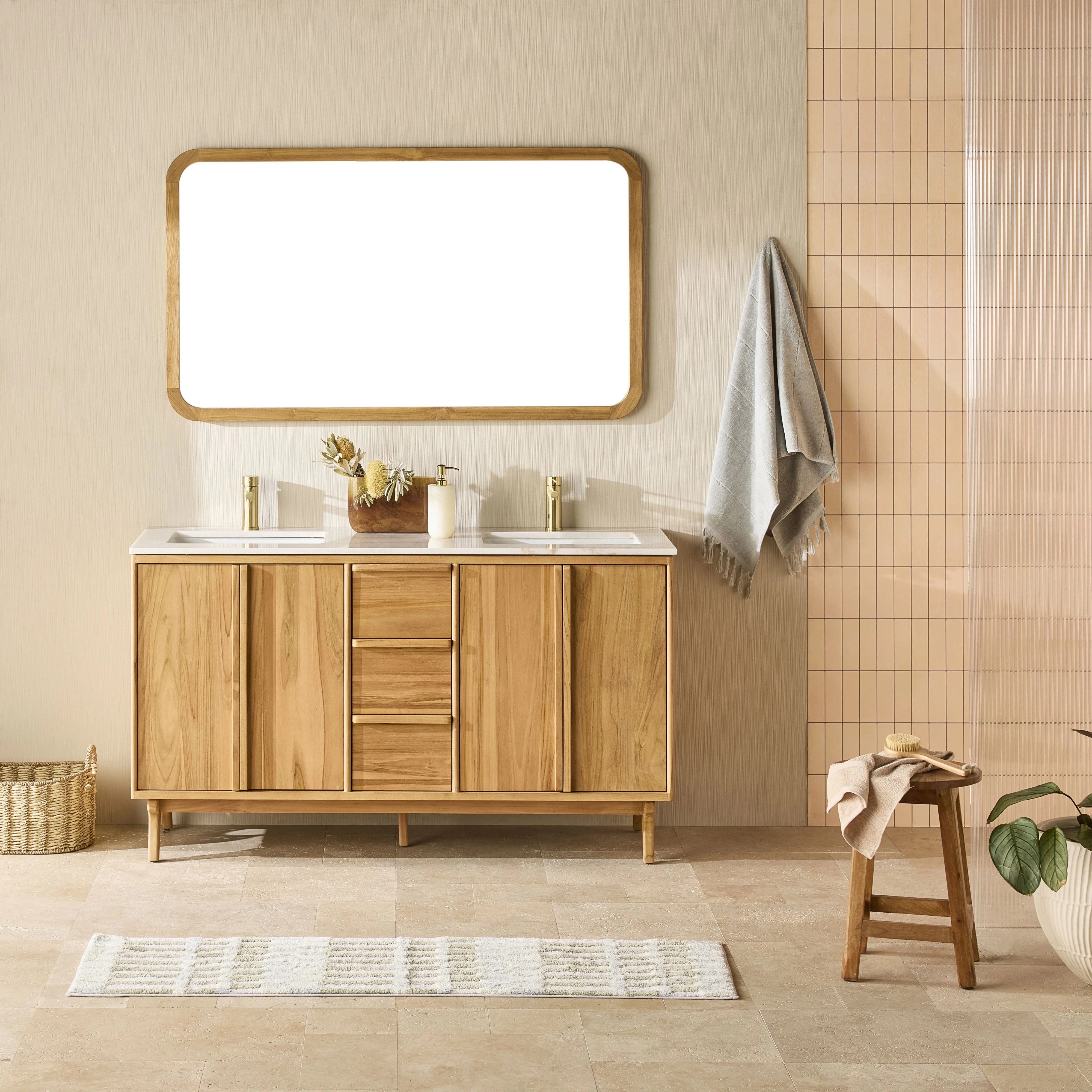 Remi Double Bathroom Vanity Teak with Stone Top 1510mm Package - Image 8