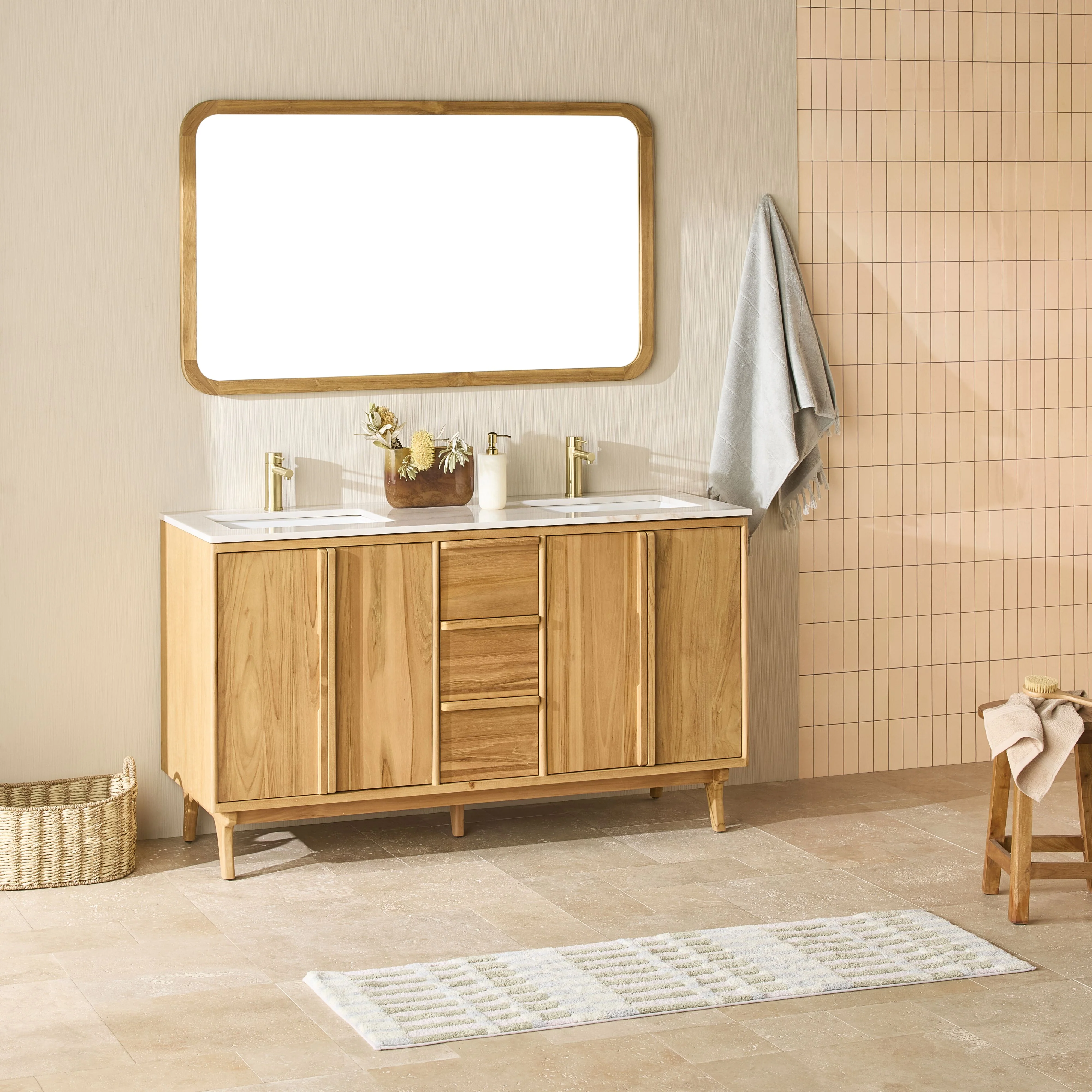 Remi Double Bathroom Vanity Teak with Stone Top 1510mm Package - Image 9