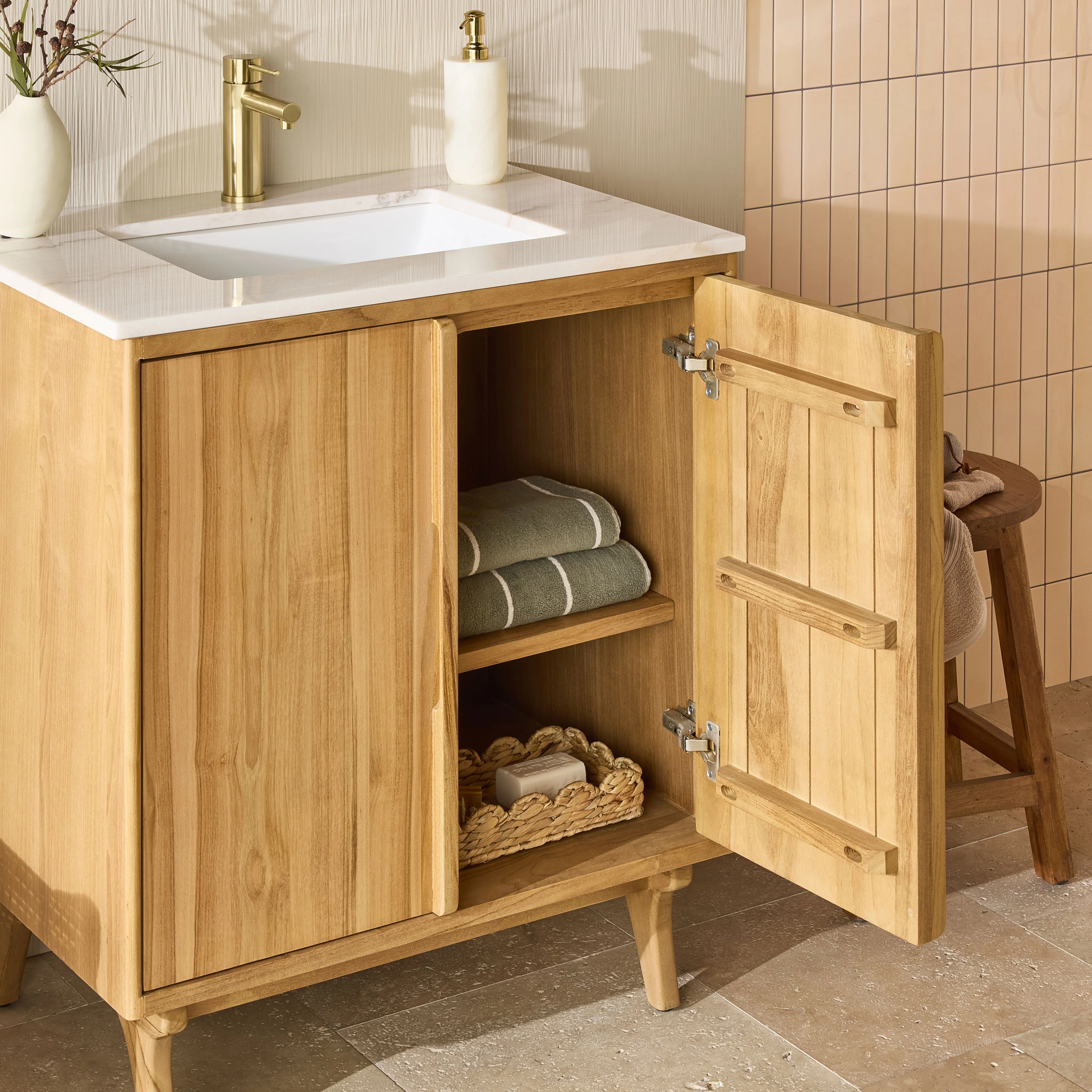 Remi Single Bathroom Vanity Teak with Stone Top 760mm Package - Image 12