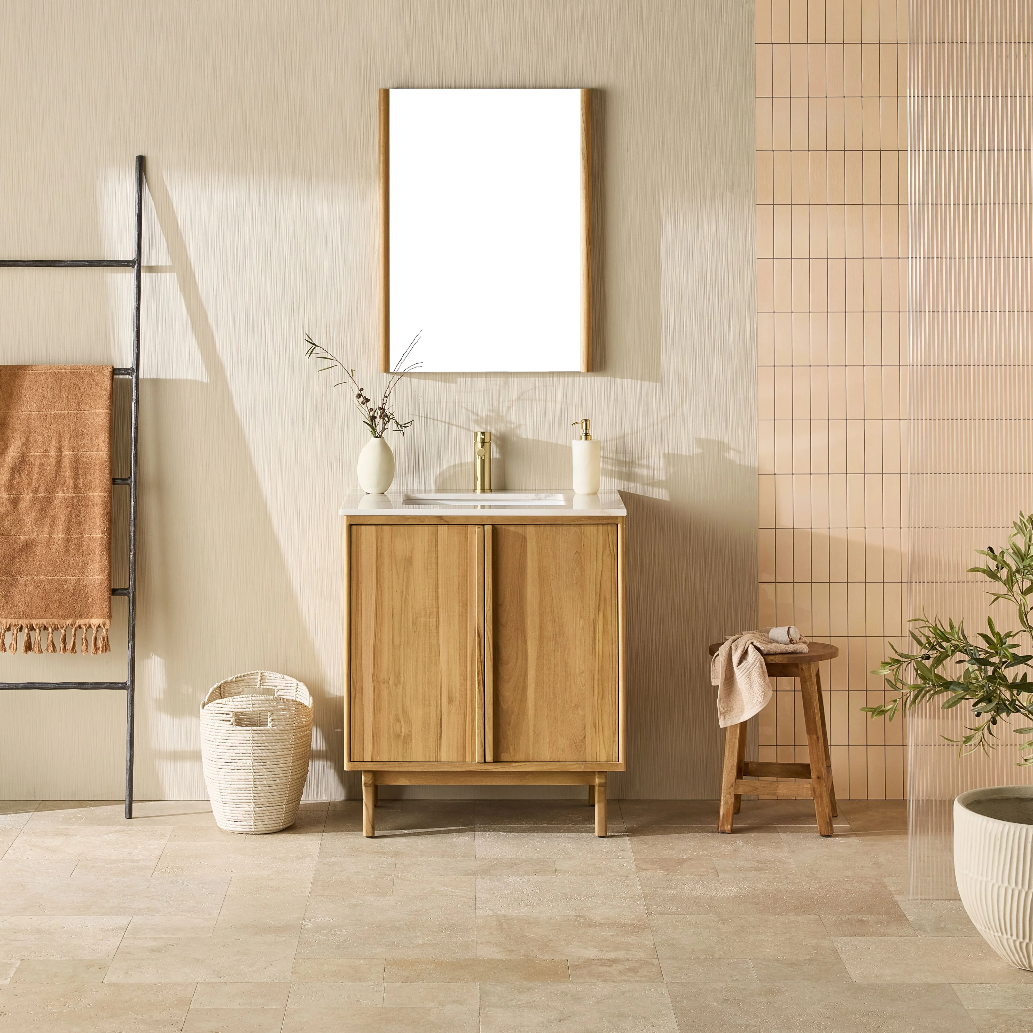 Remi Single Bathroom Vanity Teak with Stone Top 760mm Package - Image 8