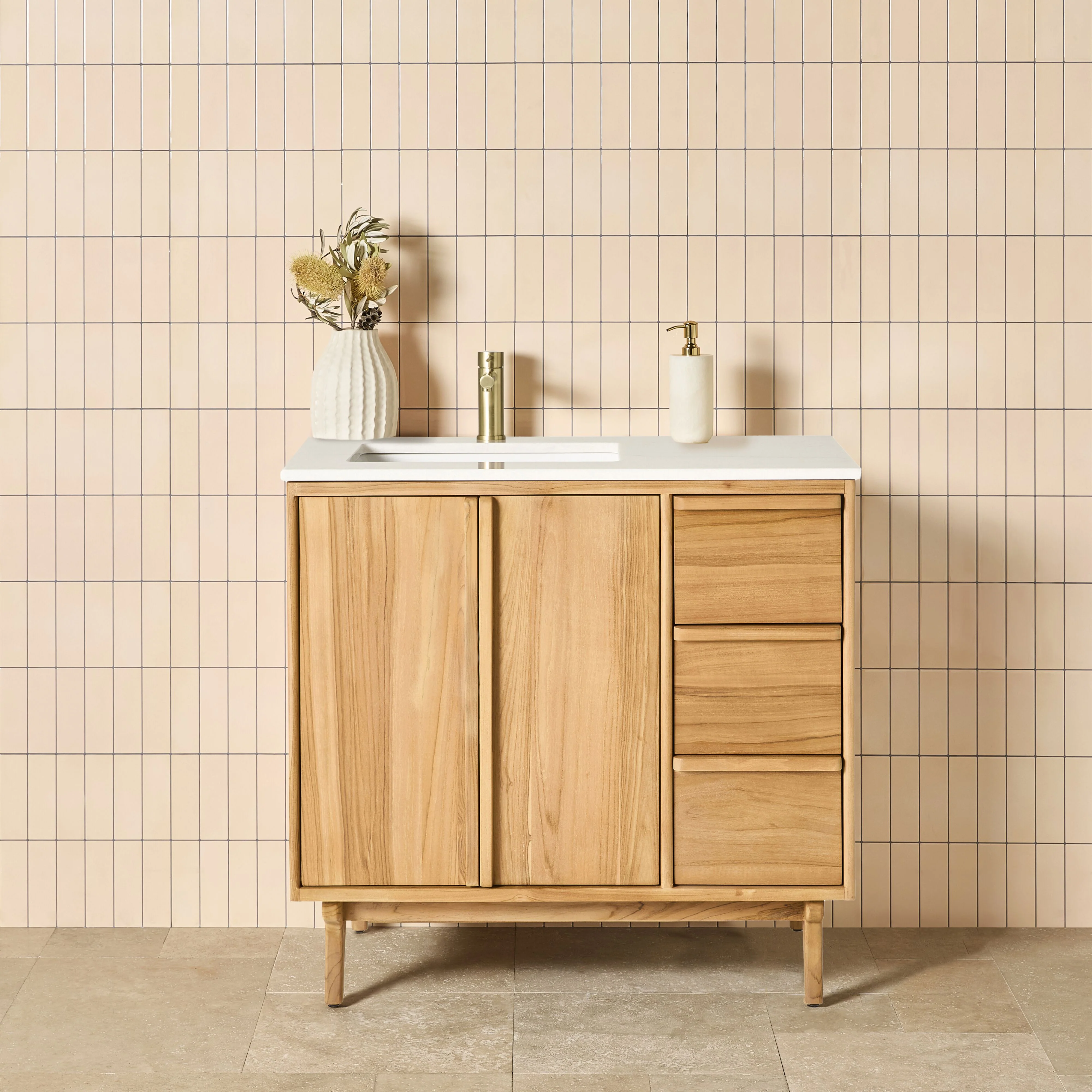 Remi Single Bathroom Vanity Teak with Stone Top 910mm Package - Image 8