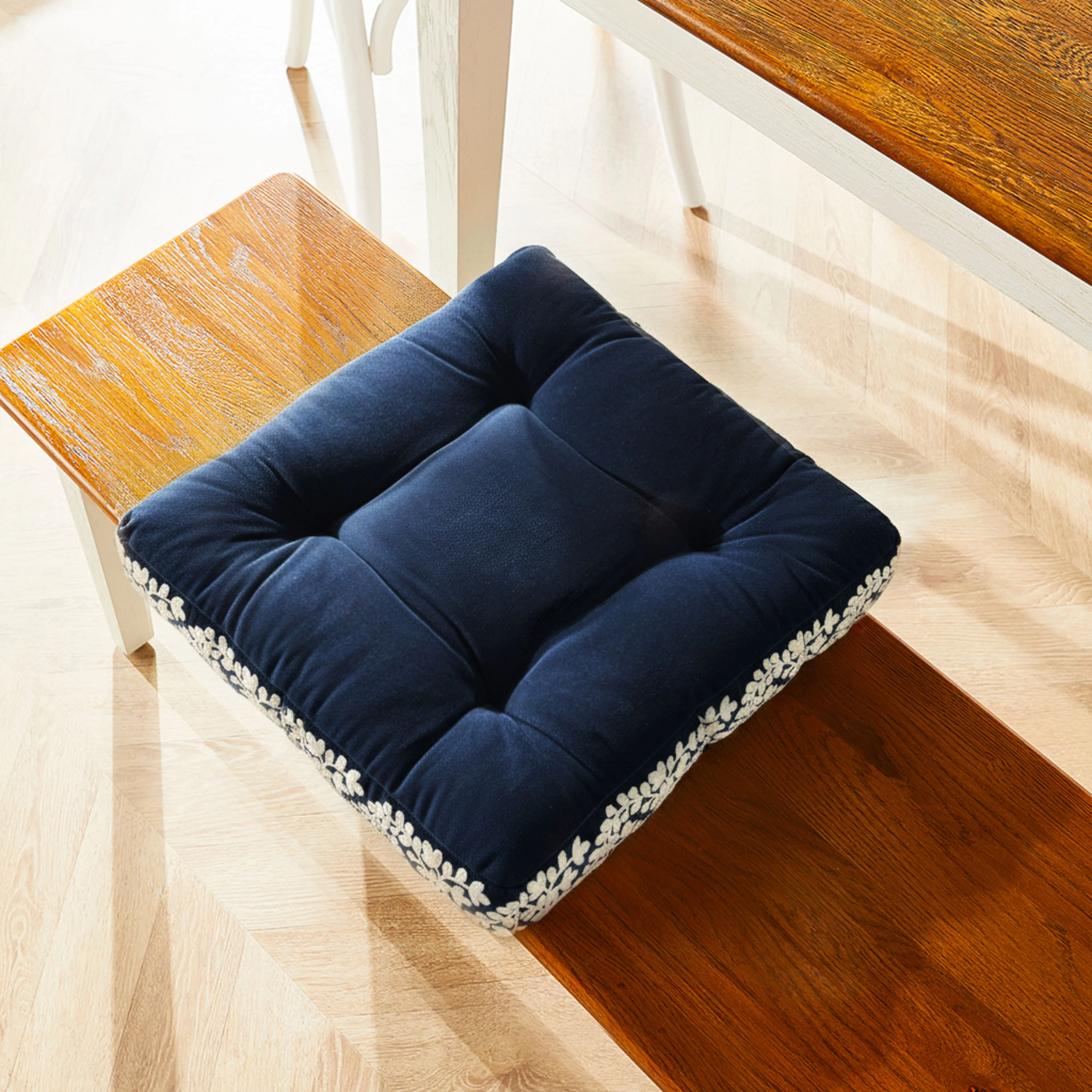 Sabine Embroidered Cotton Velvet Seat Cushion Navy - Image 4