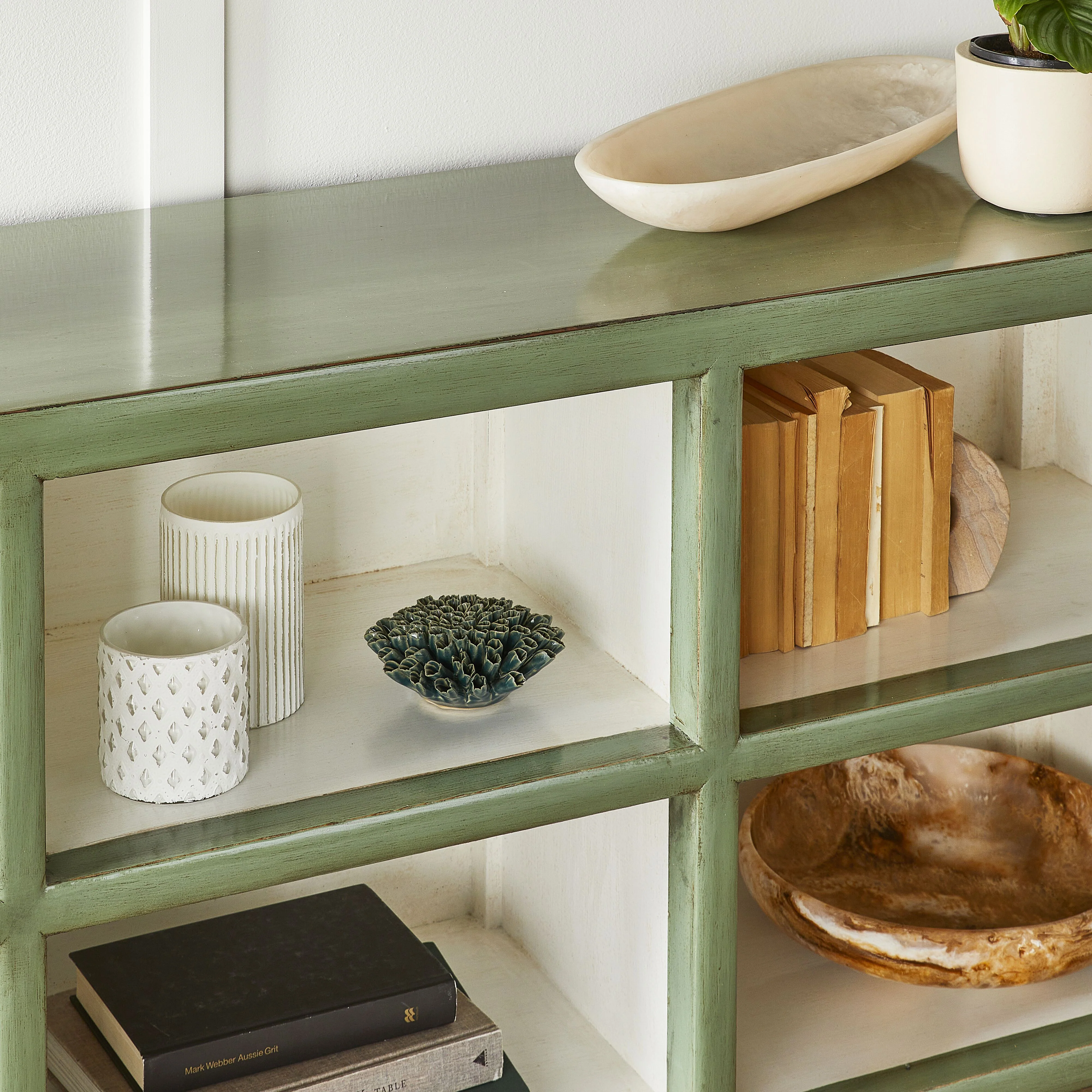 Sansha Low Pigeon Hole Bookcase Sage Green and White - Image 10