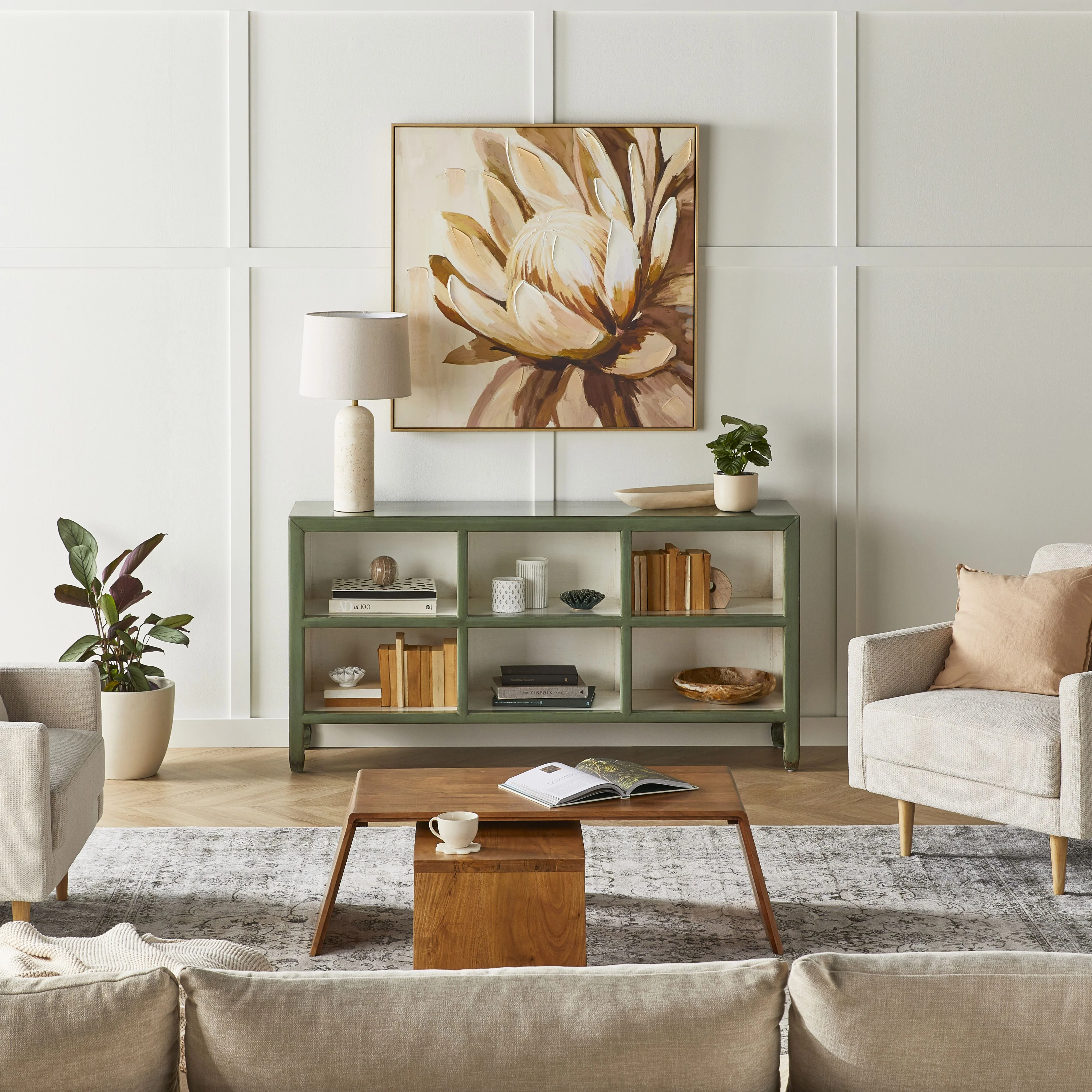 Sansha Low Pigeon Hole Bookcase Sage Green and White - Image 7