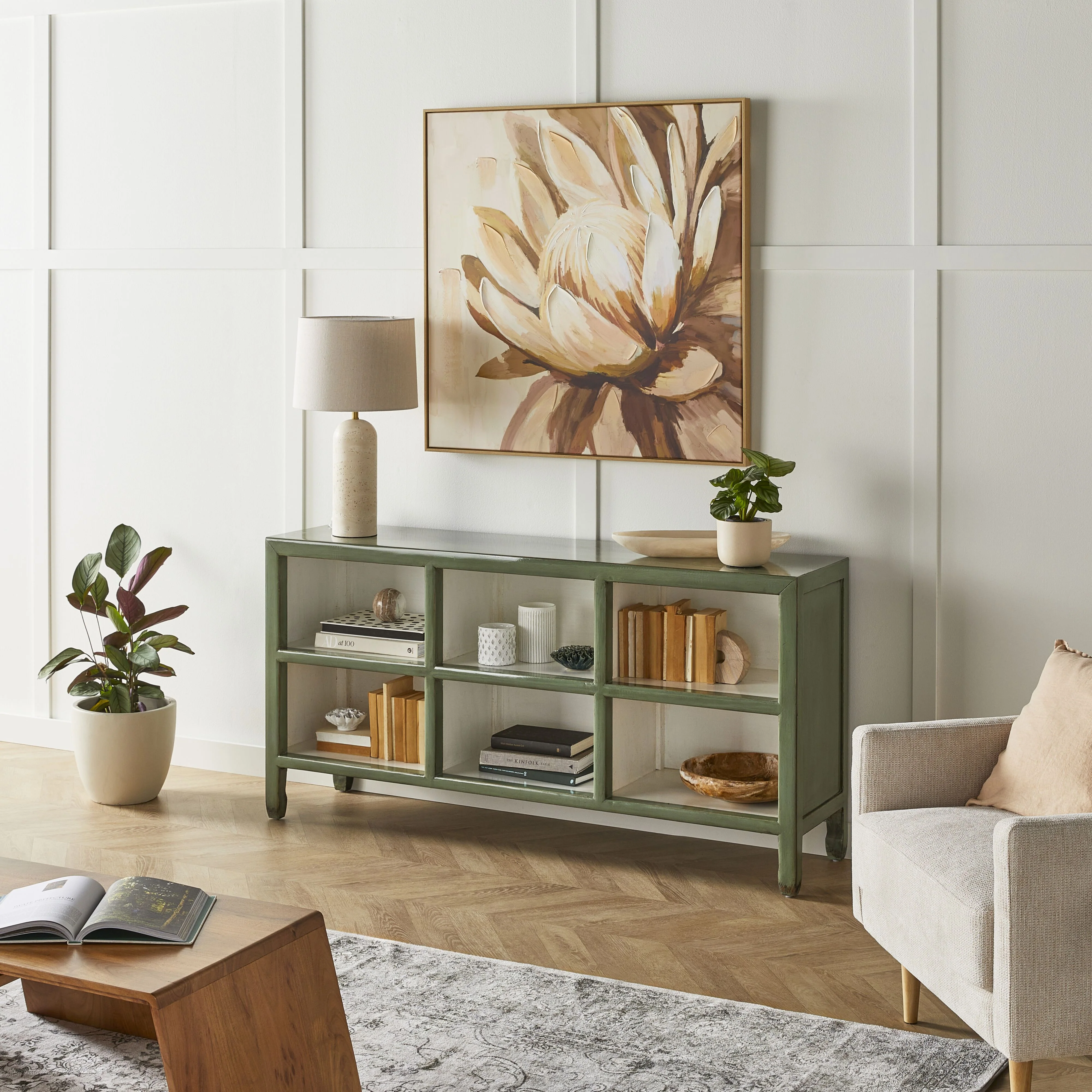 Sansha Low Pigeon Hole Bookcase Sage Green and White - Image 8