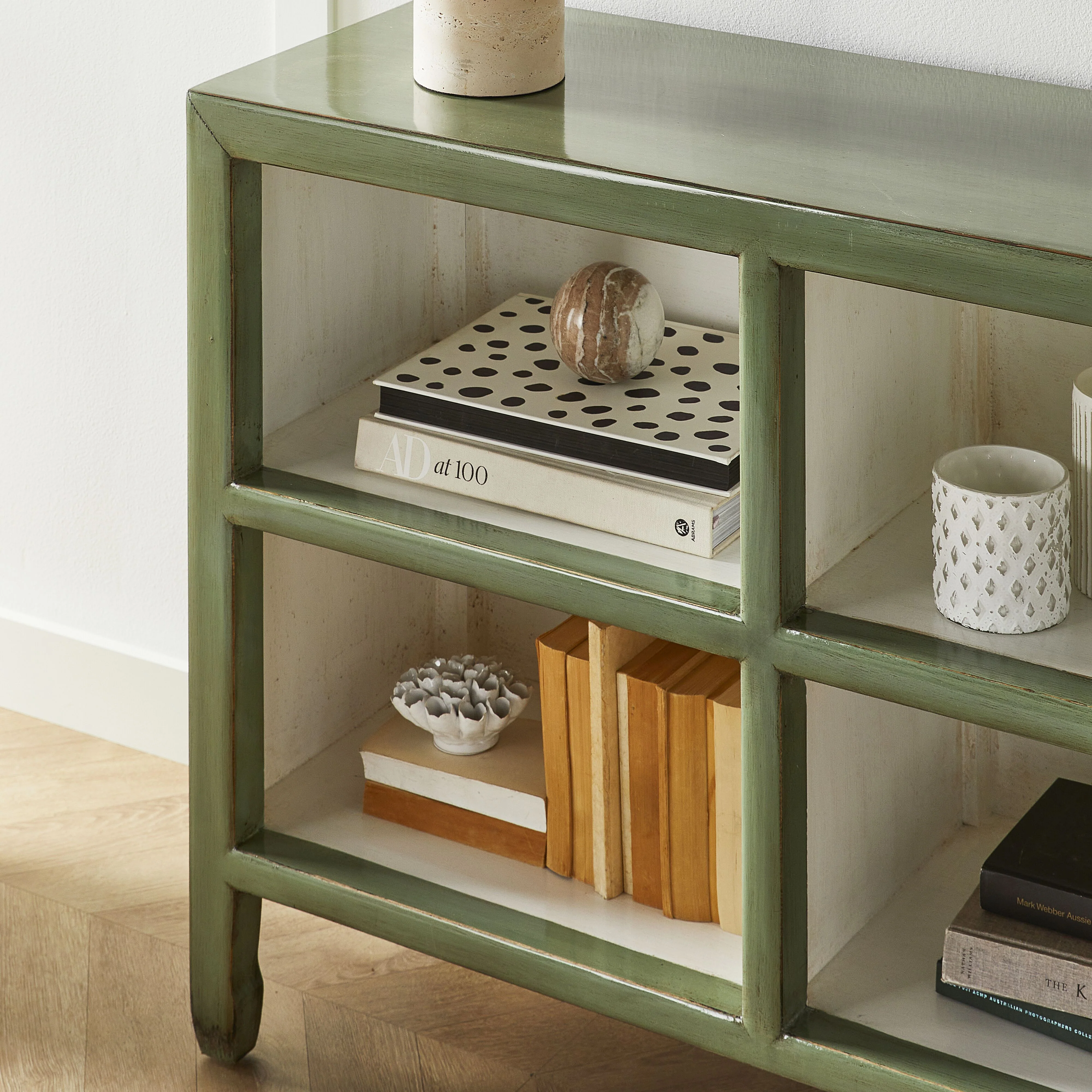 Sansha Low Pigeon Hole Bookcase Sage Green and White - Image 9