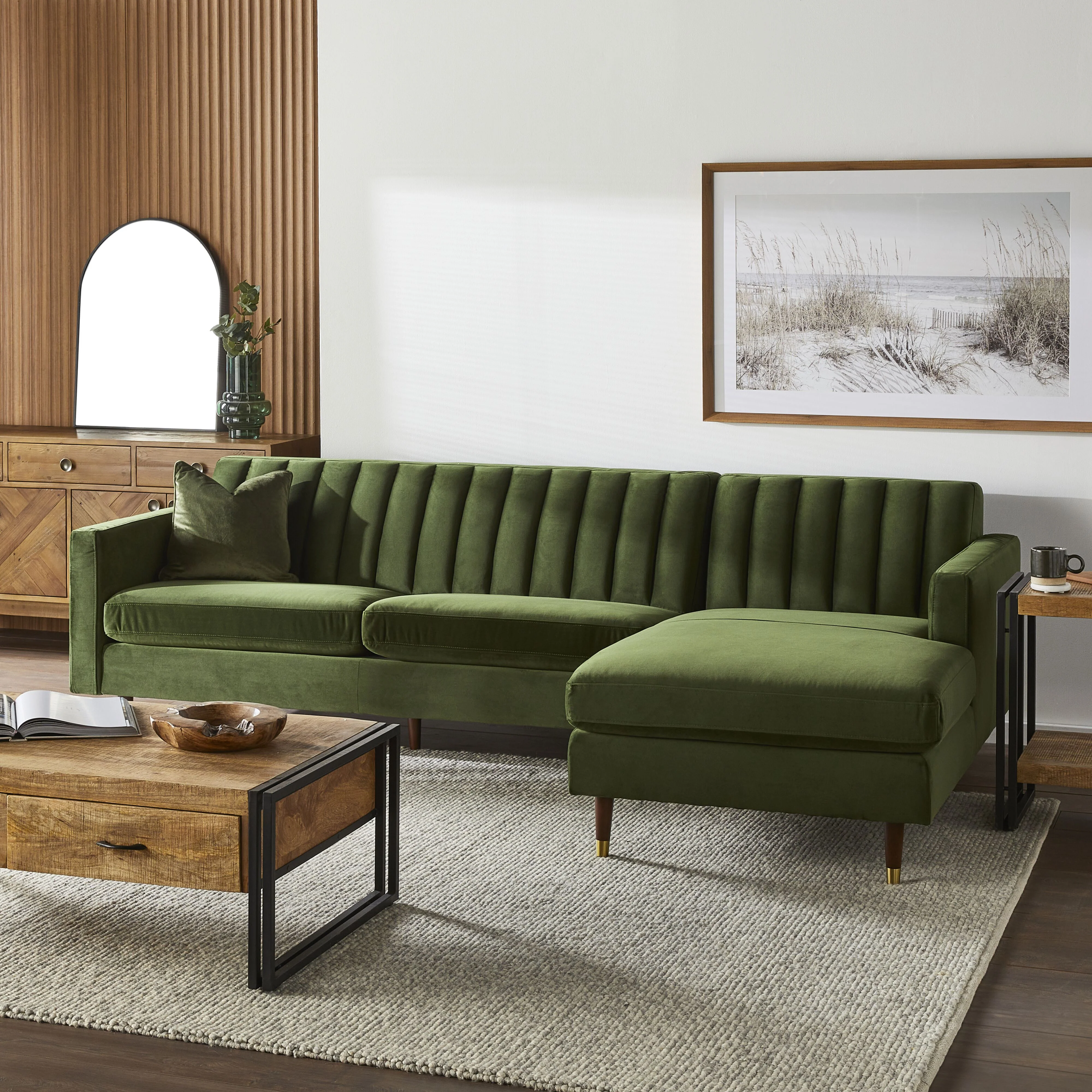 Stitch 3 Seater Velvet Chaise RHF Juniper Olive - Image 8
