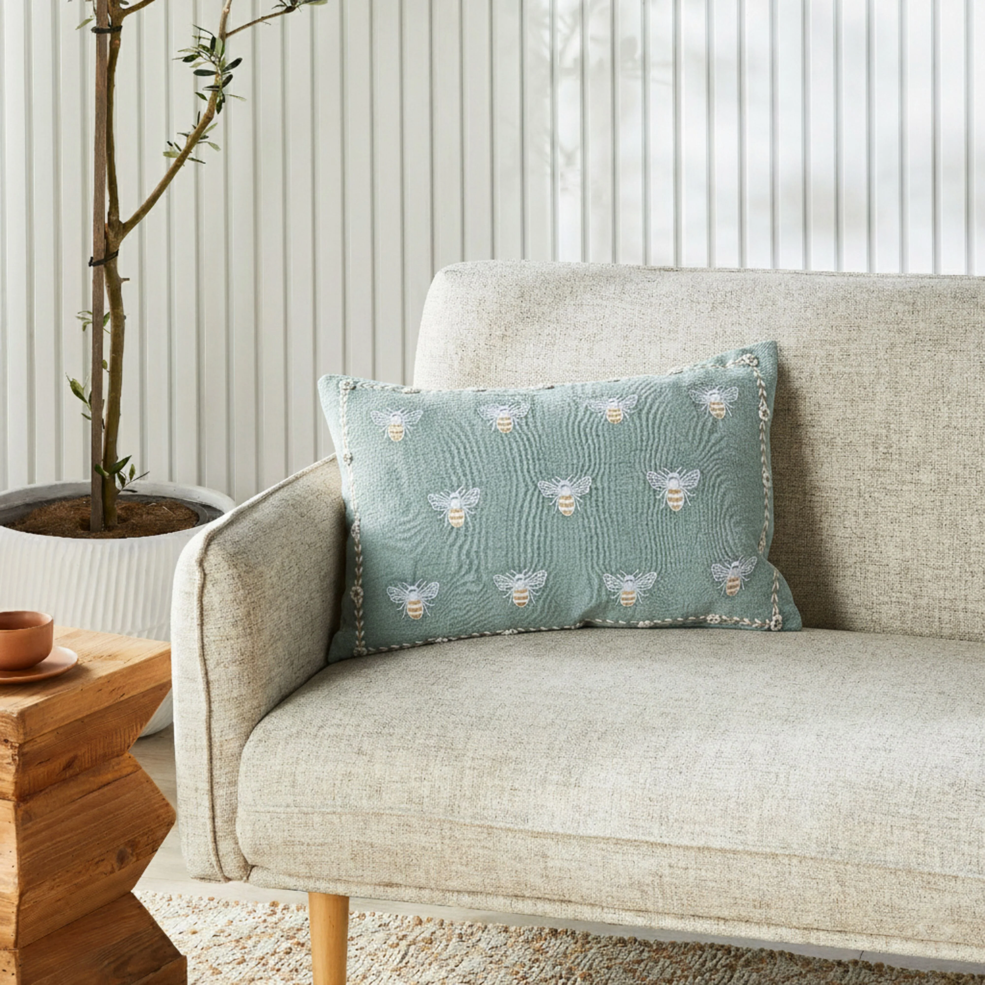 Stitch Beehive Embroidered Cushion Chambray - Image 5