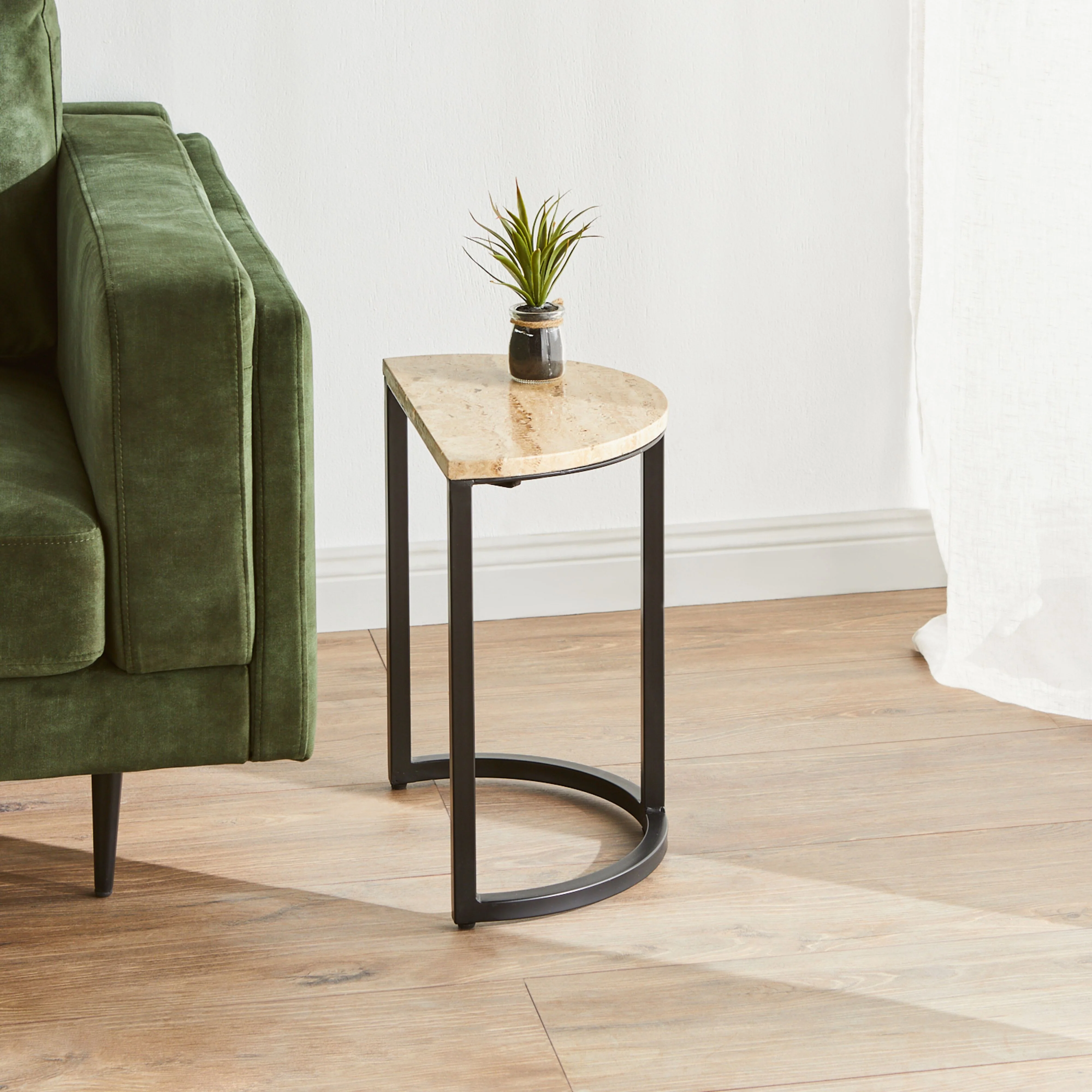 Travertine Half Moon Side Table With Black Frame 48x25x44cm - Image 6