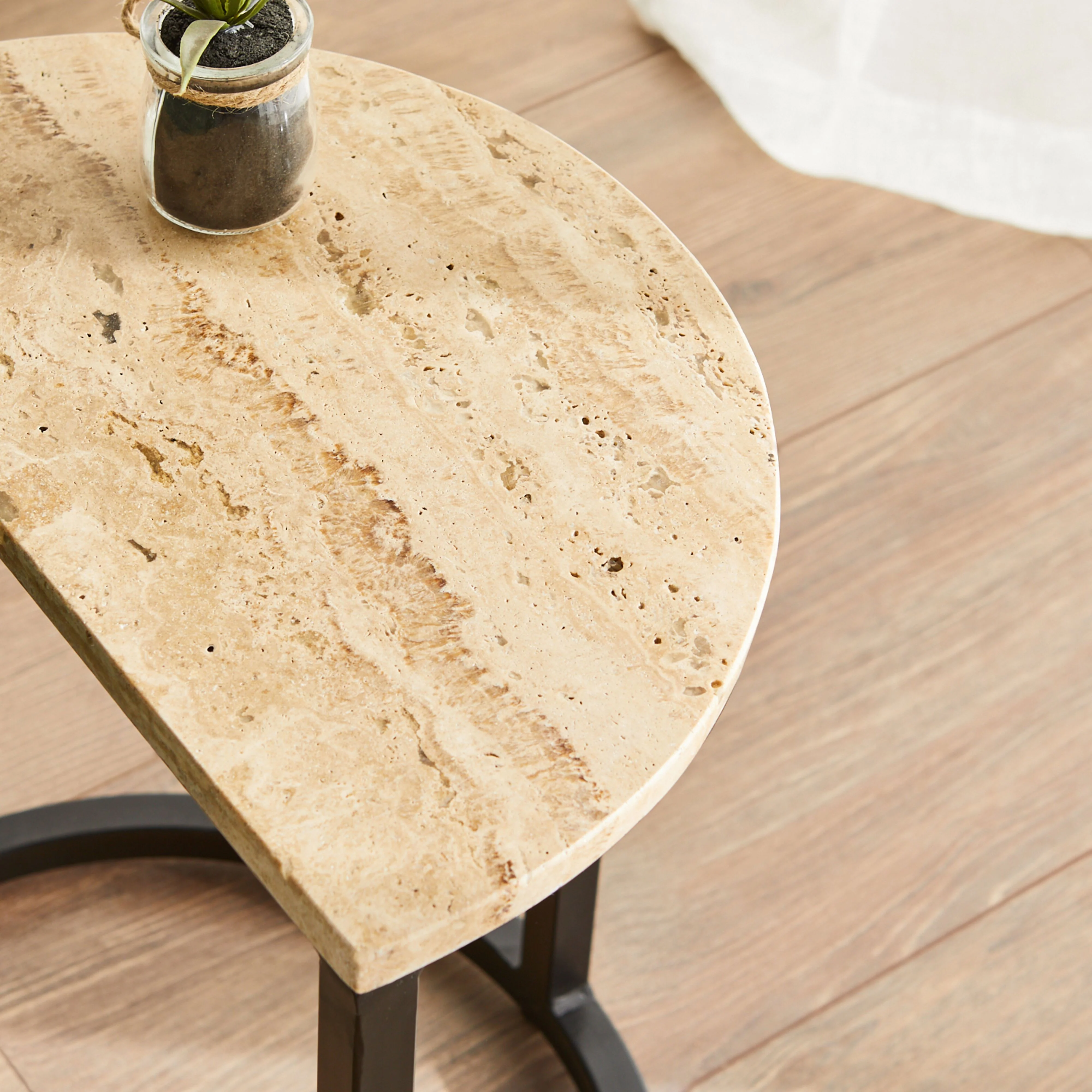 Travertine Half Moon Side Table With Black Frame 48x25x44cm - Image 7