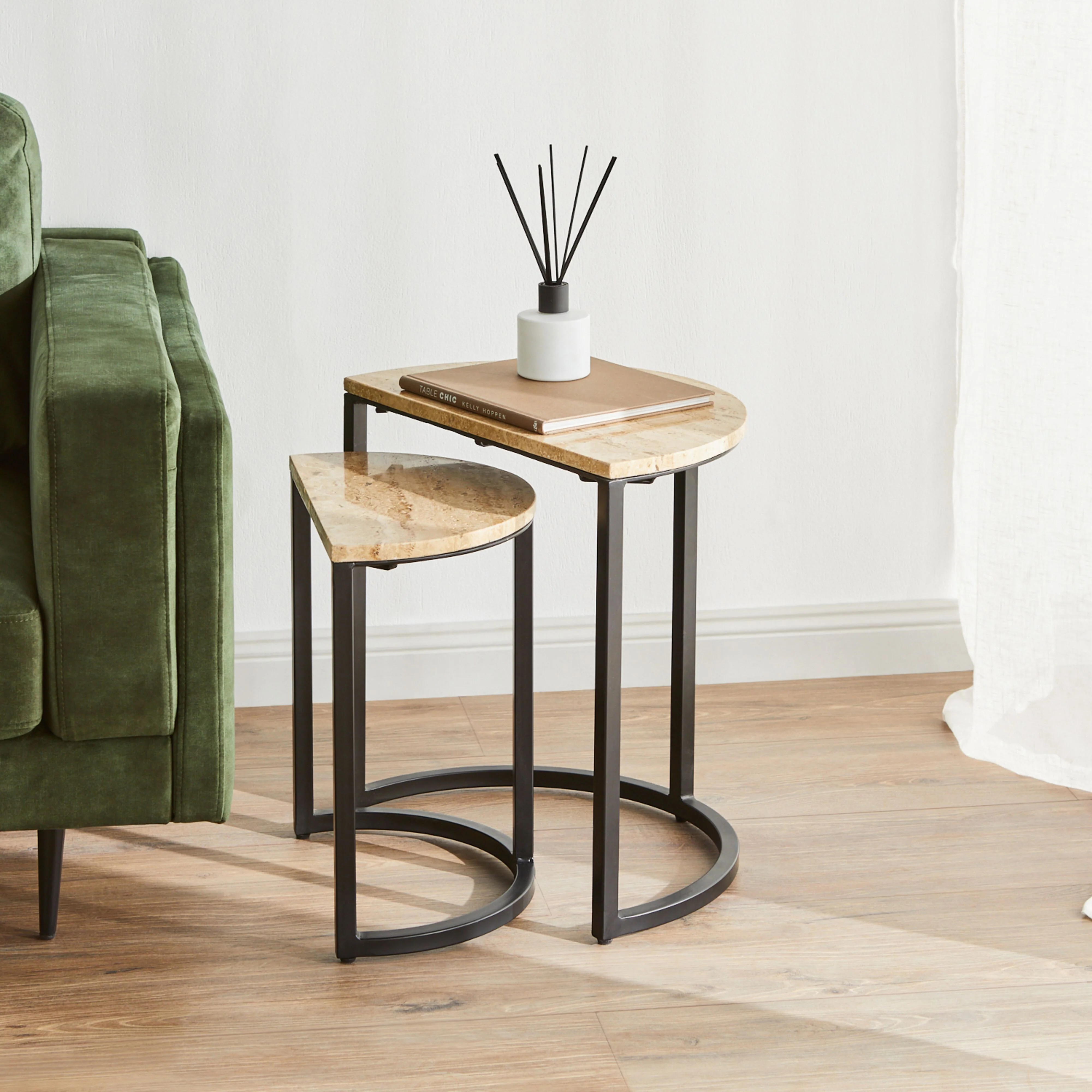 Travertine Half Moon Side Table With Black Frame 49x31x52cm - Image 4