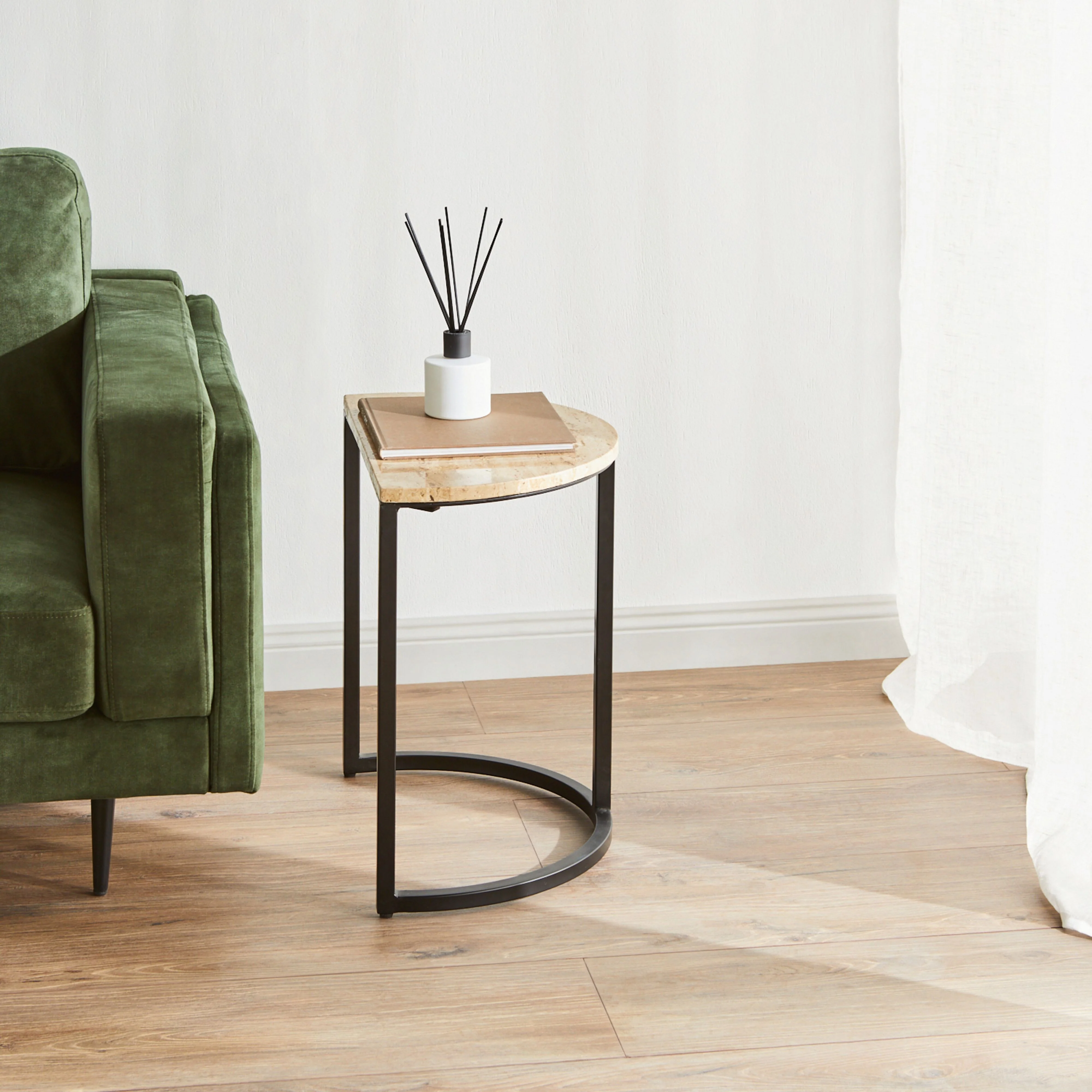 Travertine Half Moon Side Table With Black Frame 49x31x52cm - Image 5