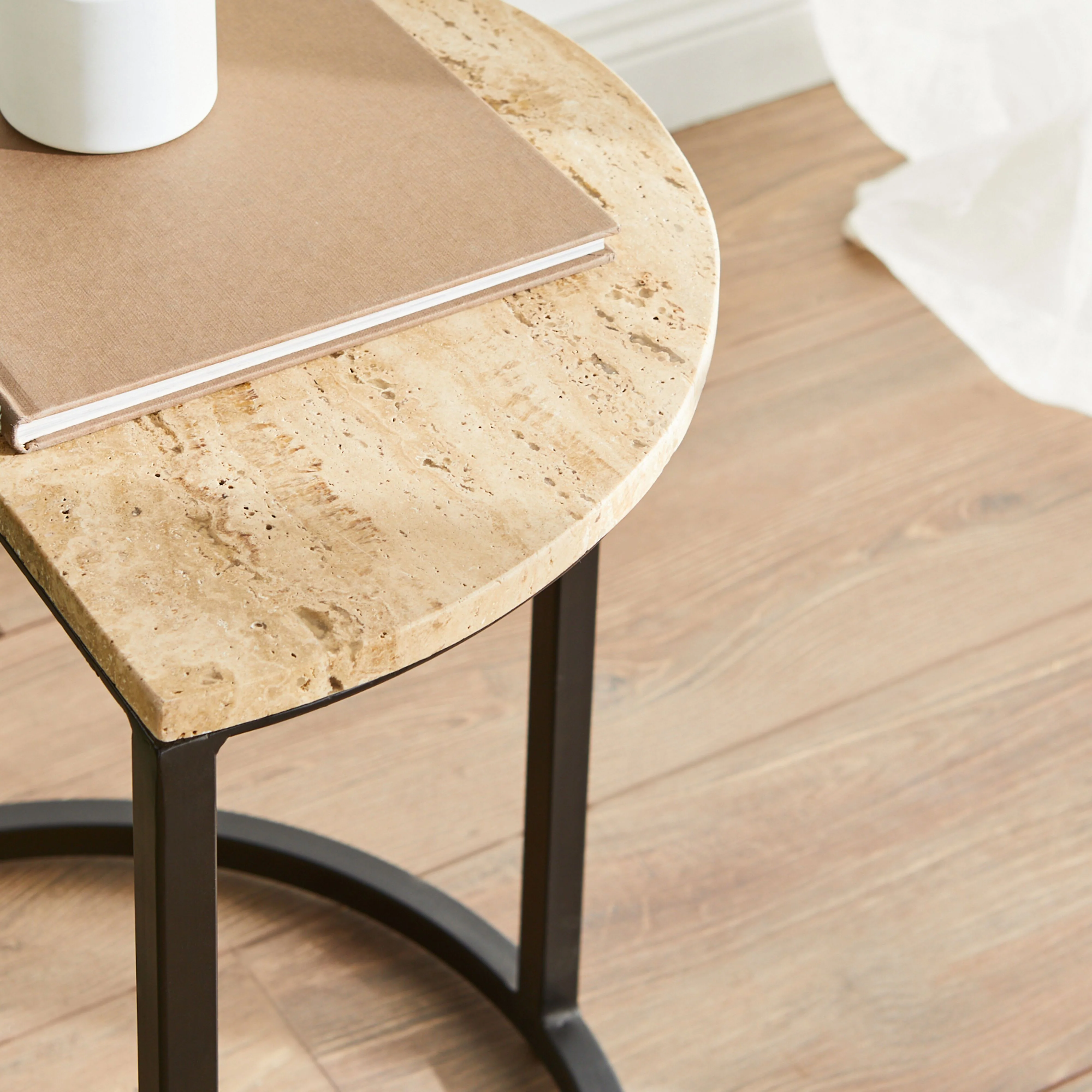 Travertine Half Moon Side Table With Black Frame 49x31x52cm - Image 6